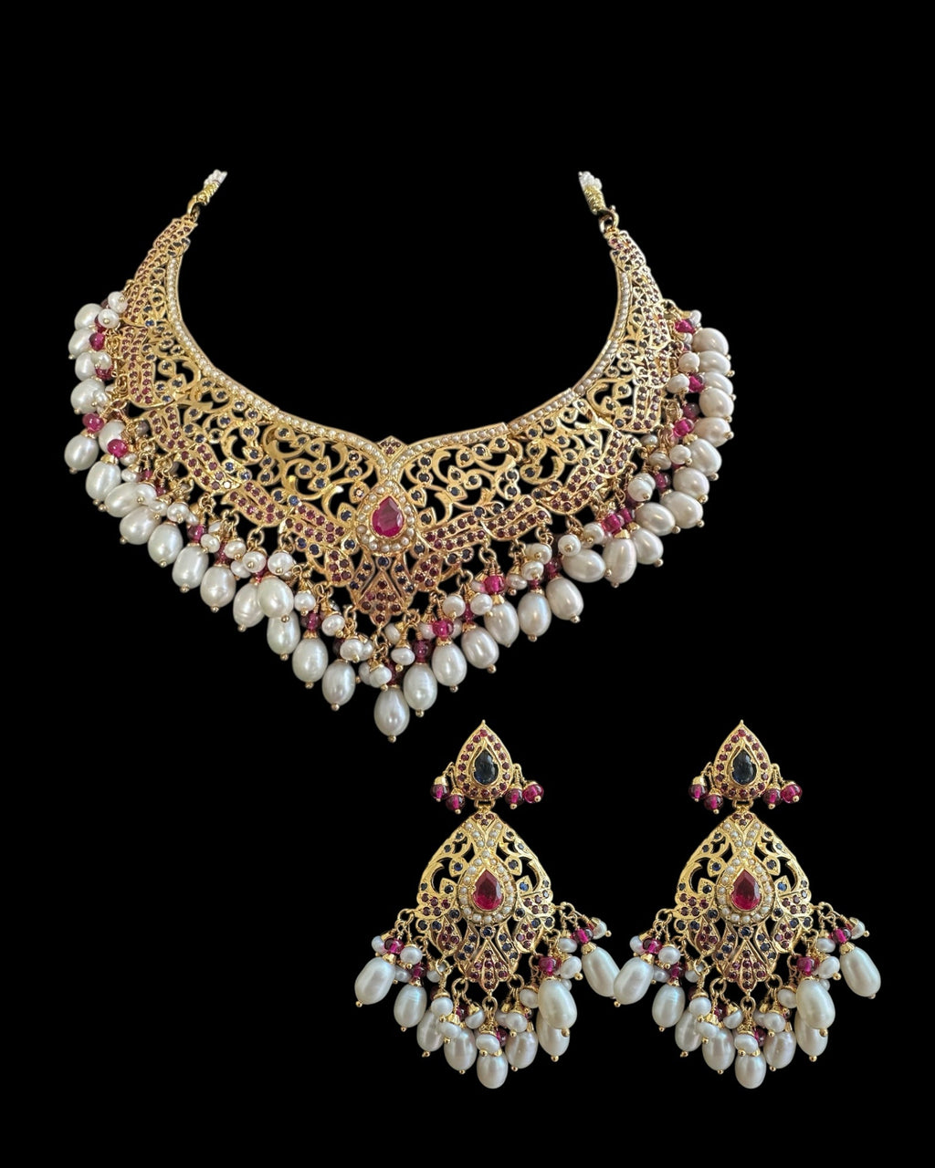 SN21 Ruby sapphire and fresh water pearl necklace with earrings in gold plated silver ( READY TO SHIP)