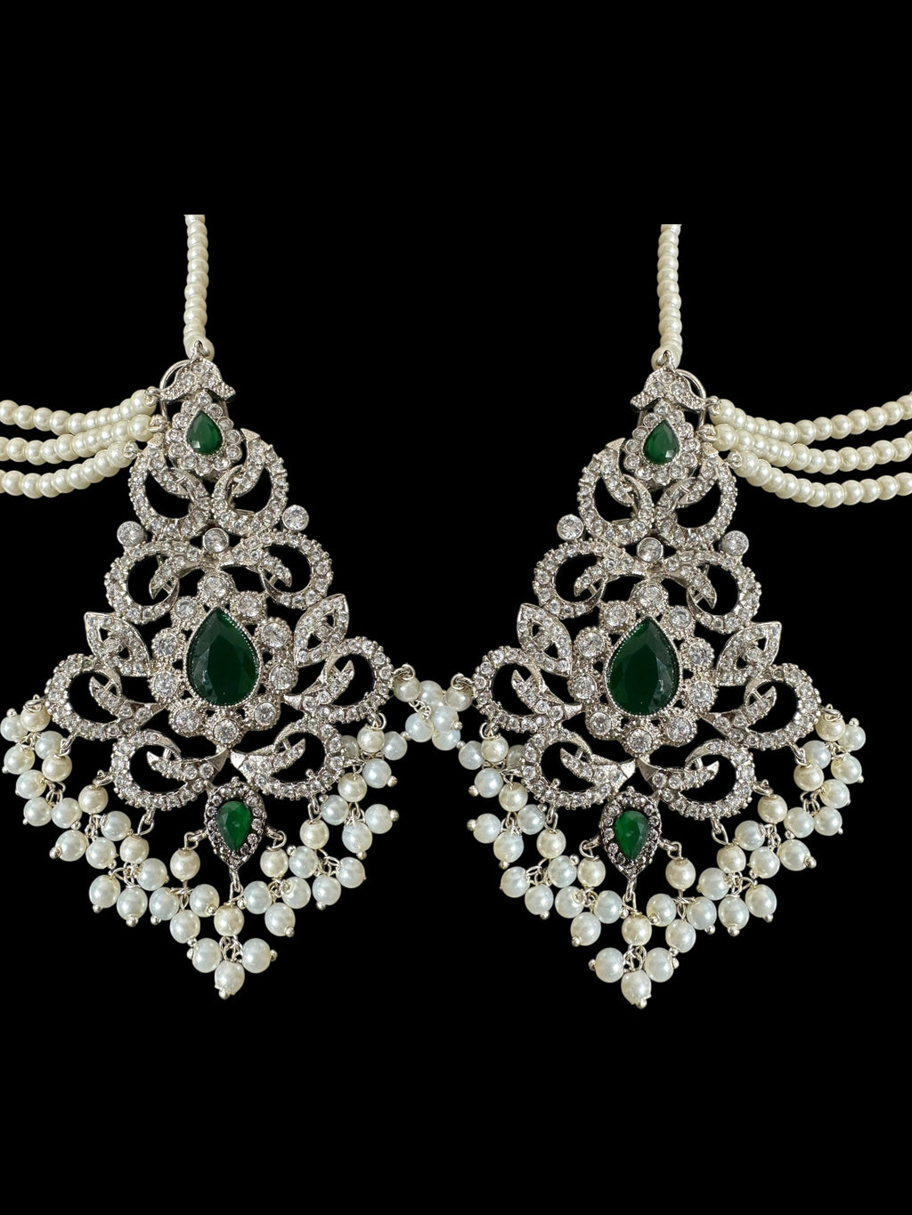 Raaga zircon earring tika set in green with silver plating ( SHIPS IN 4 WEEKS  )