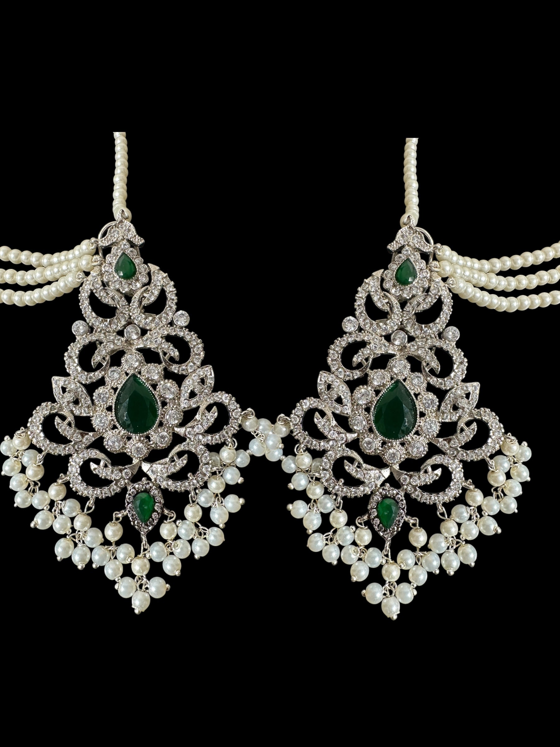 Raaga zircon earring tika set in green with silver plating ( SHIPS IN 4 WEEKS  )