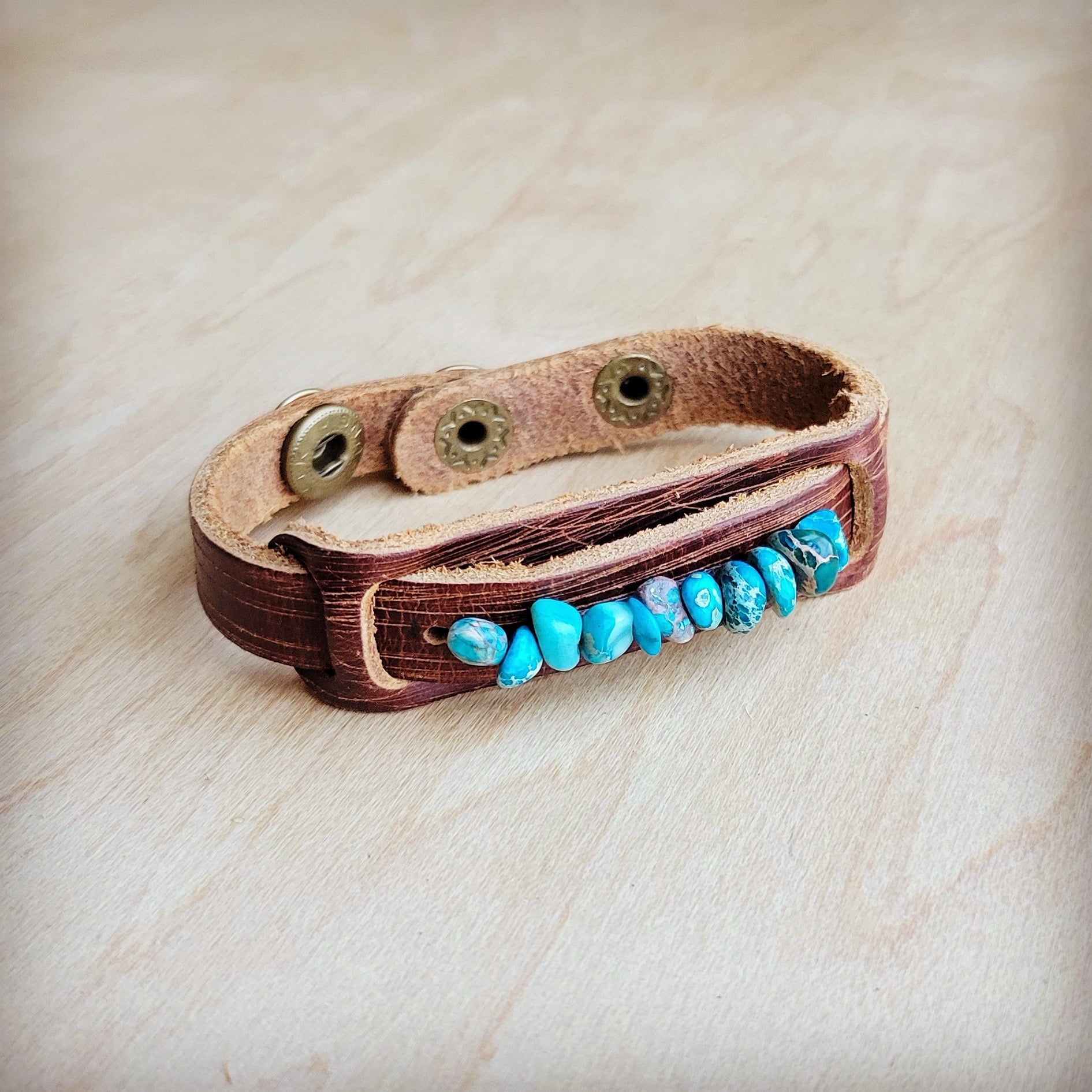 Genuine Leather Narrow Cuff with Turquoise Regalite Stones 006v