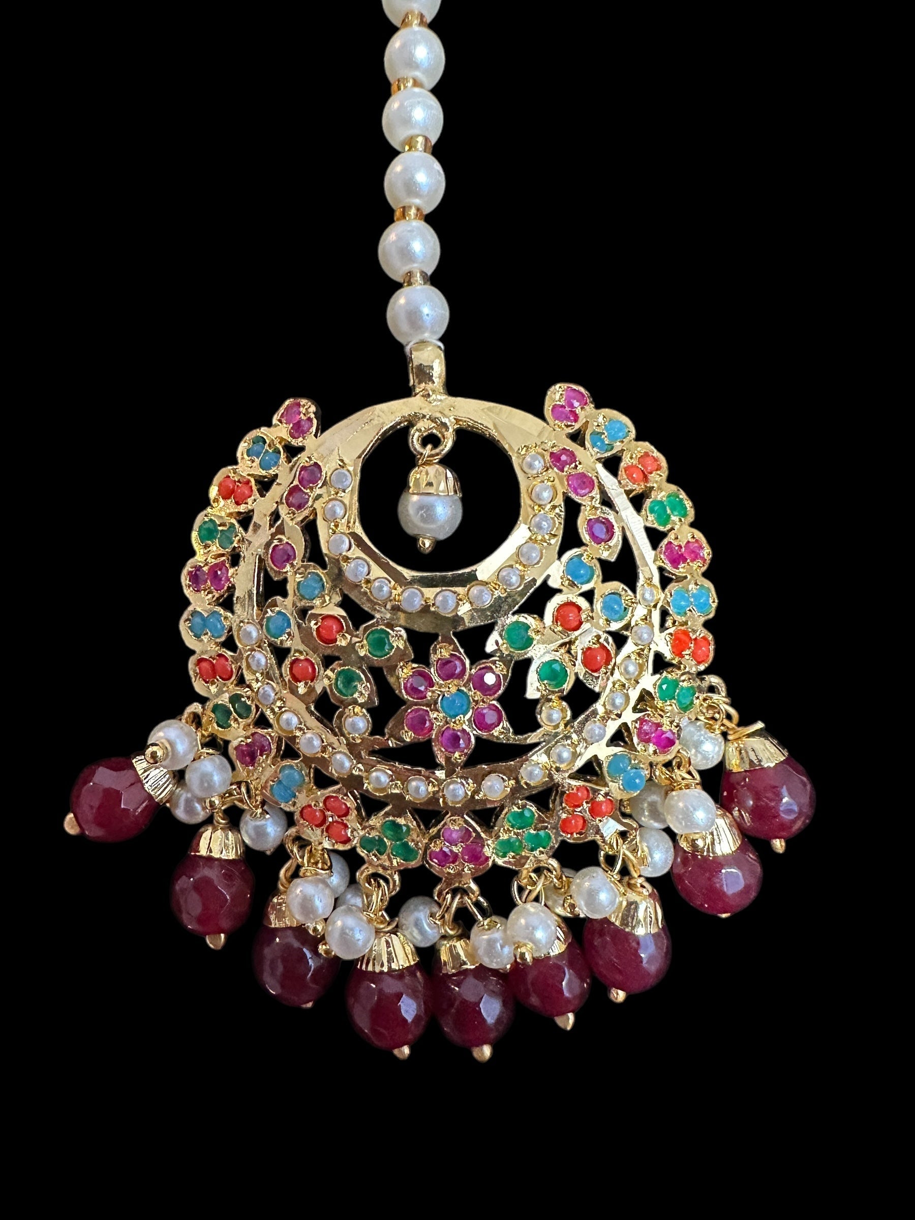 Dafiya Gold Plated Chandbali Earrings & Tika Set in Navratan | Ready to Ship | Deccan Jewelry