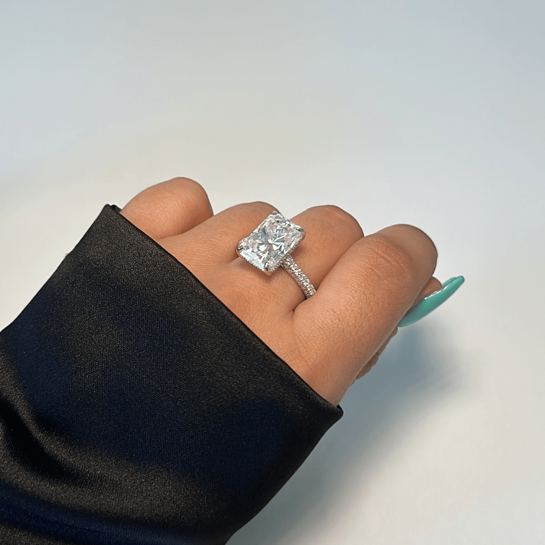 5.0ct Radiant Cut Moissanite Diamond Three Row Pavè Engagement Ring