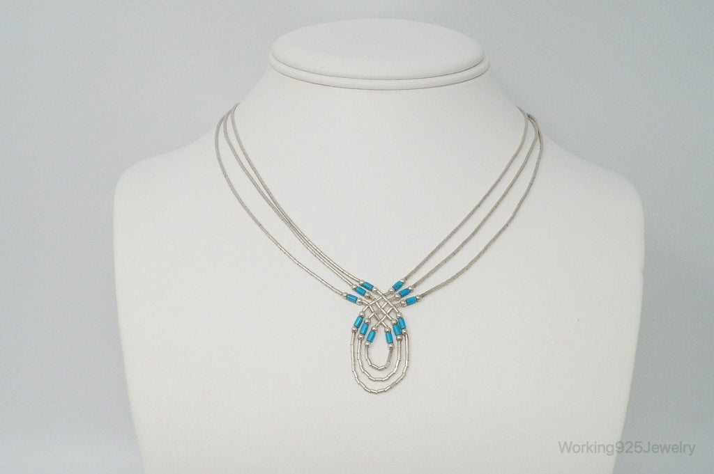 Vintage Native American Unsigned Turquoise Sterling Silver Bead Necklace