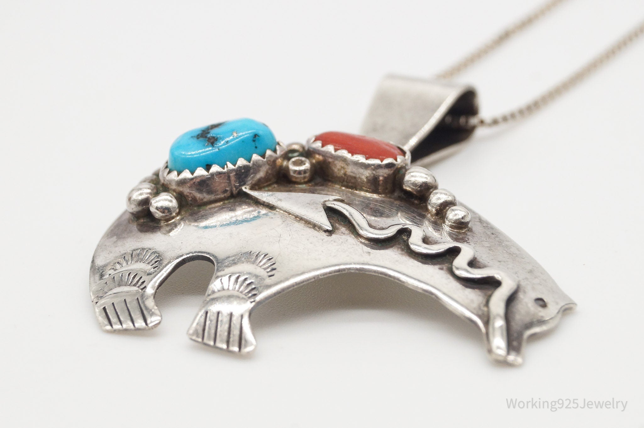 Vintage Native American Richard Begay Turquoise Coral Sterling Silver Necklace