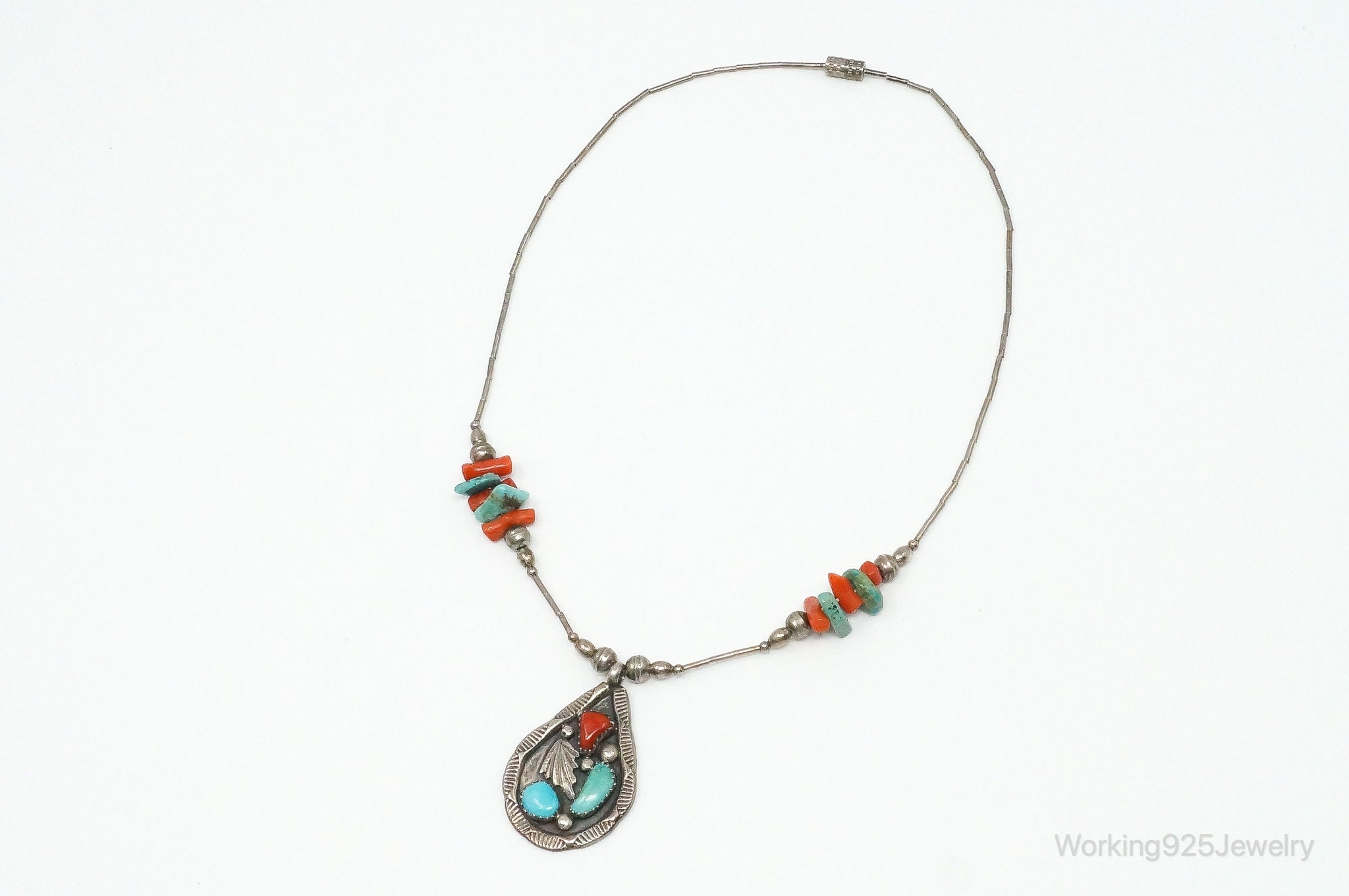 Vintage Native American Zuni Turquoise Coral Sterling Silver Necklace