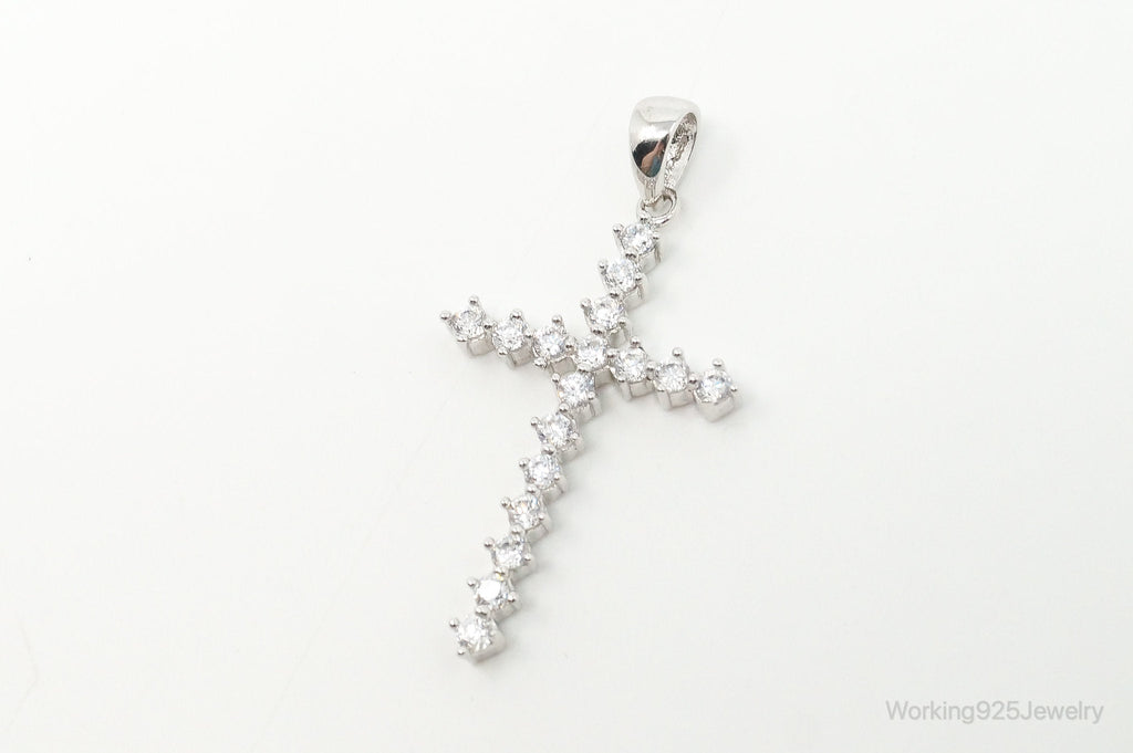 Large Vintage Cubic Zirconia Cross Sterling Silver Necklace Pendant