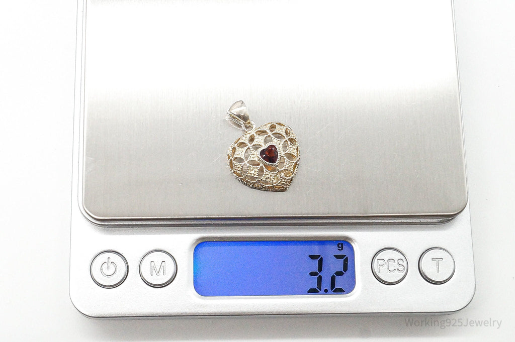 Vintage Designer Avon Garnet Heart Sterling Silver Pendant
