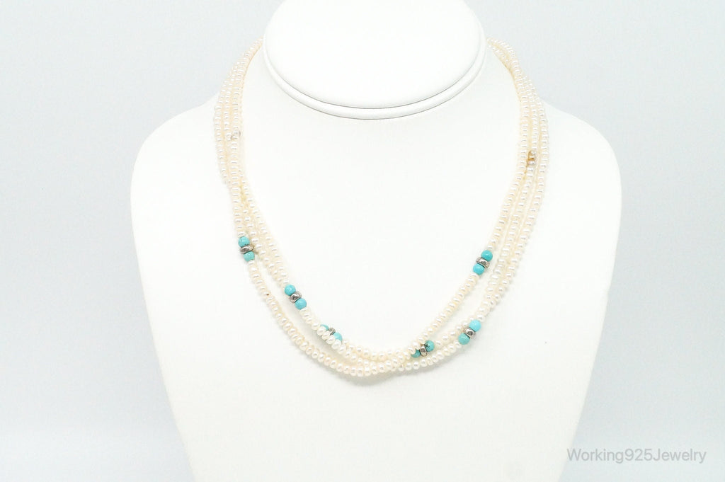 Vintage Native American Turquoise & Pearl Sterling Silver Bead Necklace
