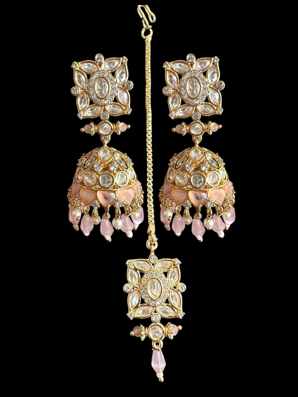 Kaheesha Polki jhumka and tika set in pink ( READY TO SHIP )