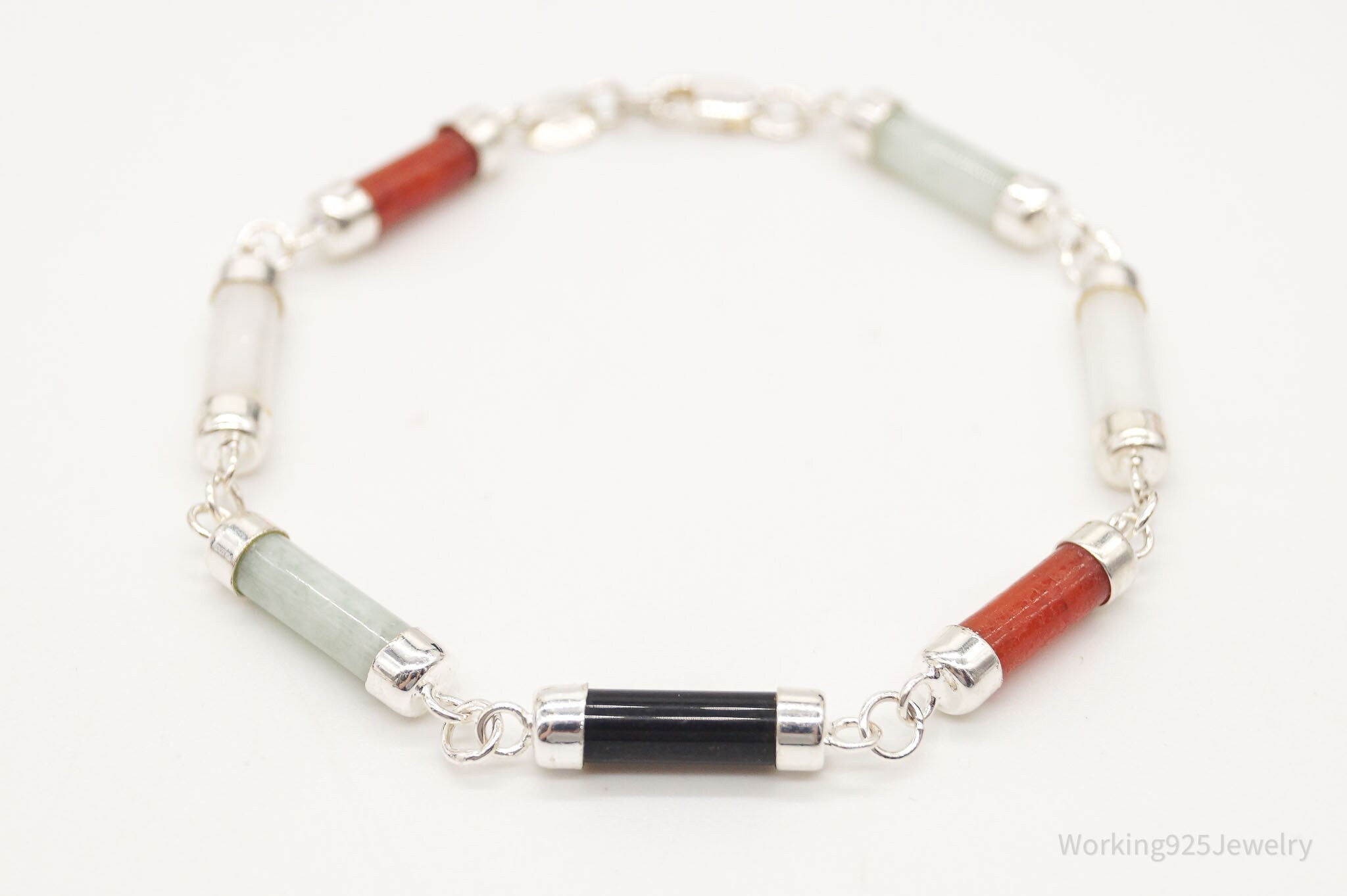 Vintage Jade Coral Black Onyx Sterling Silver Bracelet