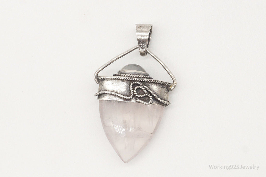 Vintage Large Rose Quartz White Moonstone Sterling Silver Pendant