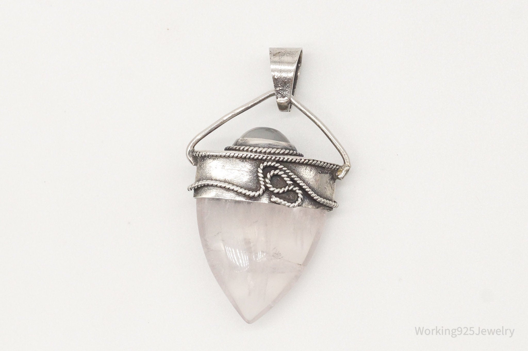 Vintage Large Rose Quartz White Moonstone Sterling Silver Pendant
