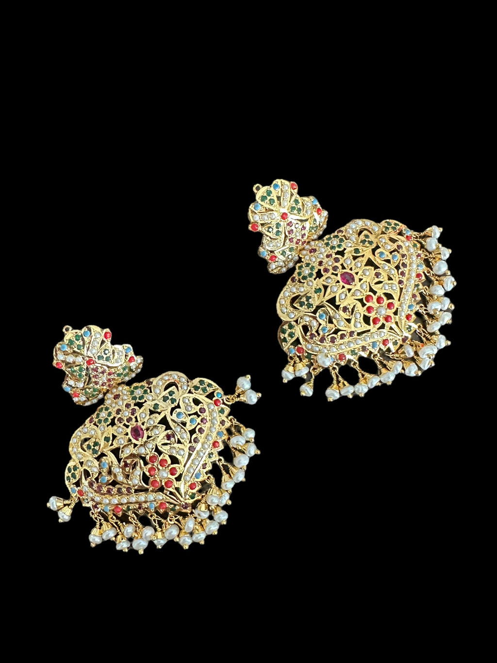 92.5 silver gold plated earrings in navratan with fresh water pearls (READY TO SHIP )