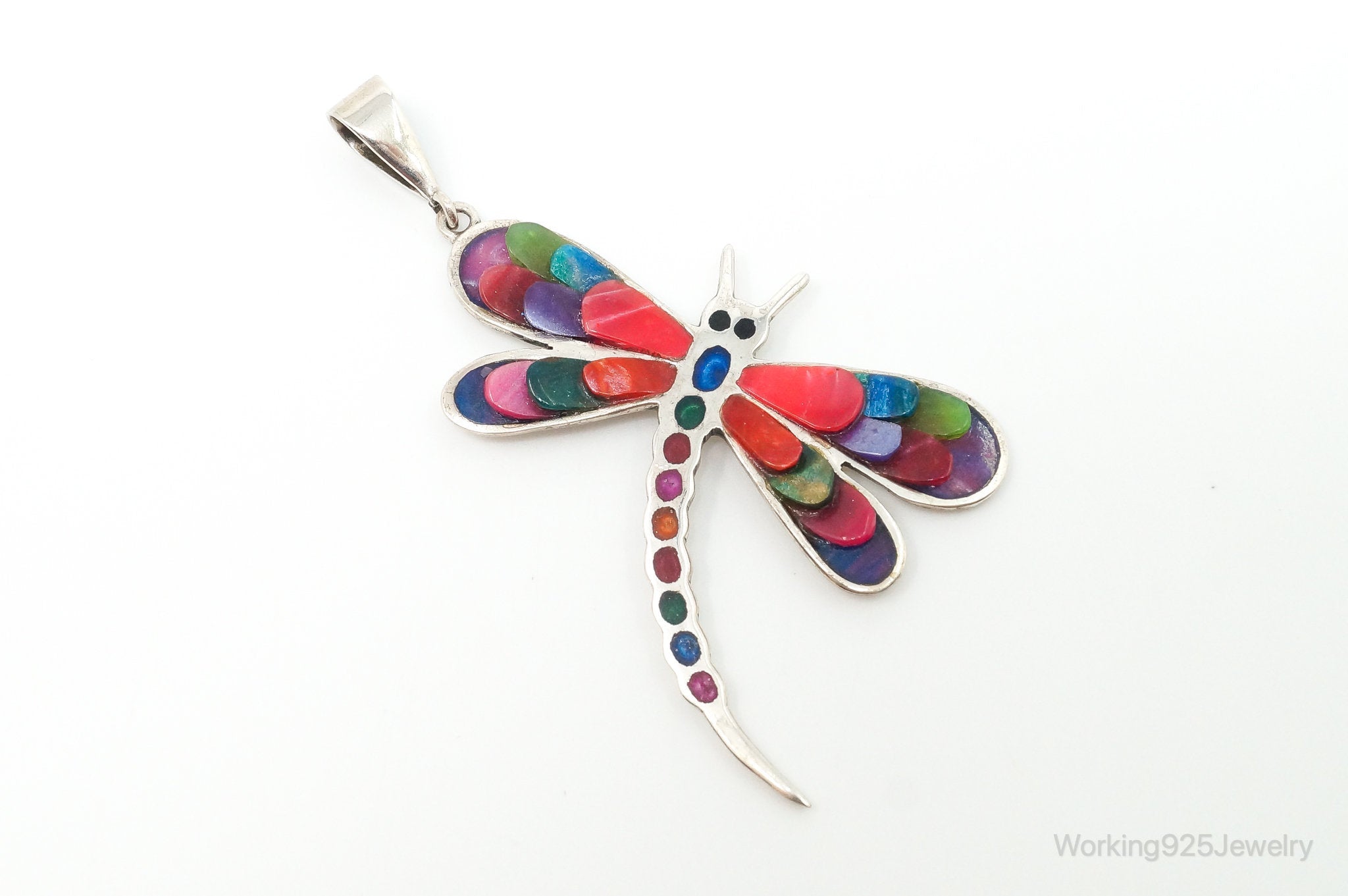 Large Vintage Handmade Multi Color Gem Inlay Dragonfly 950 Silver Pendant