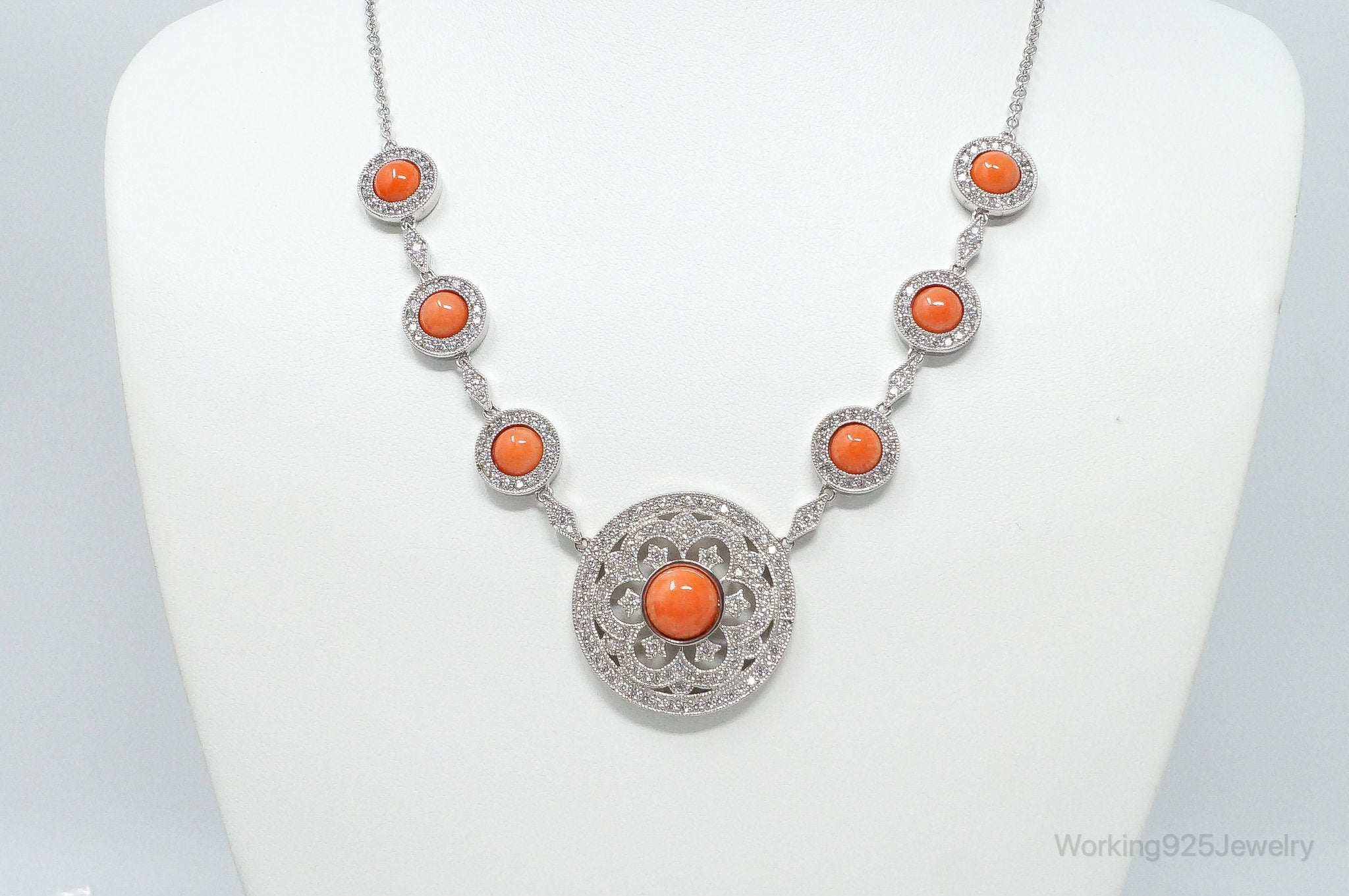 Vintage Designer Joseph Esposito Coral Cubic Zirconia Sterling Silver Necklace