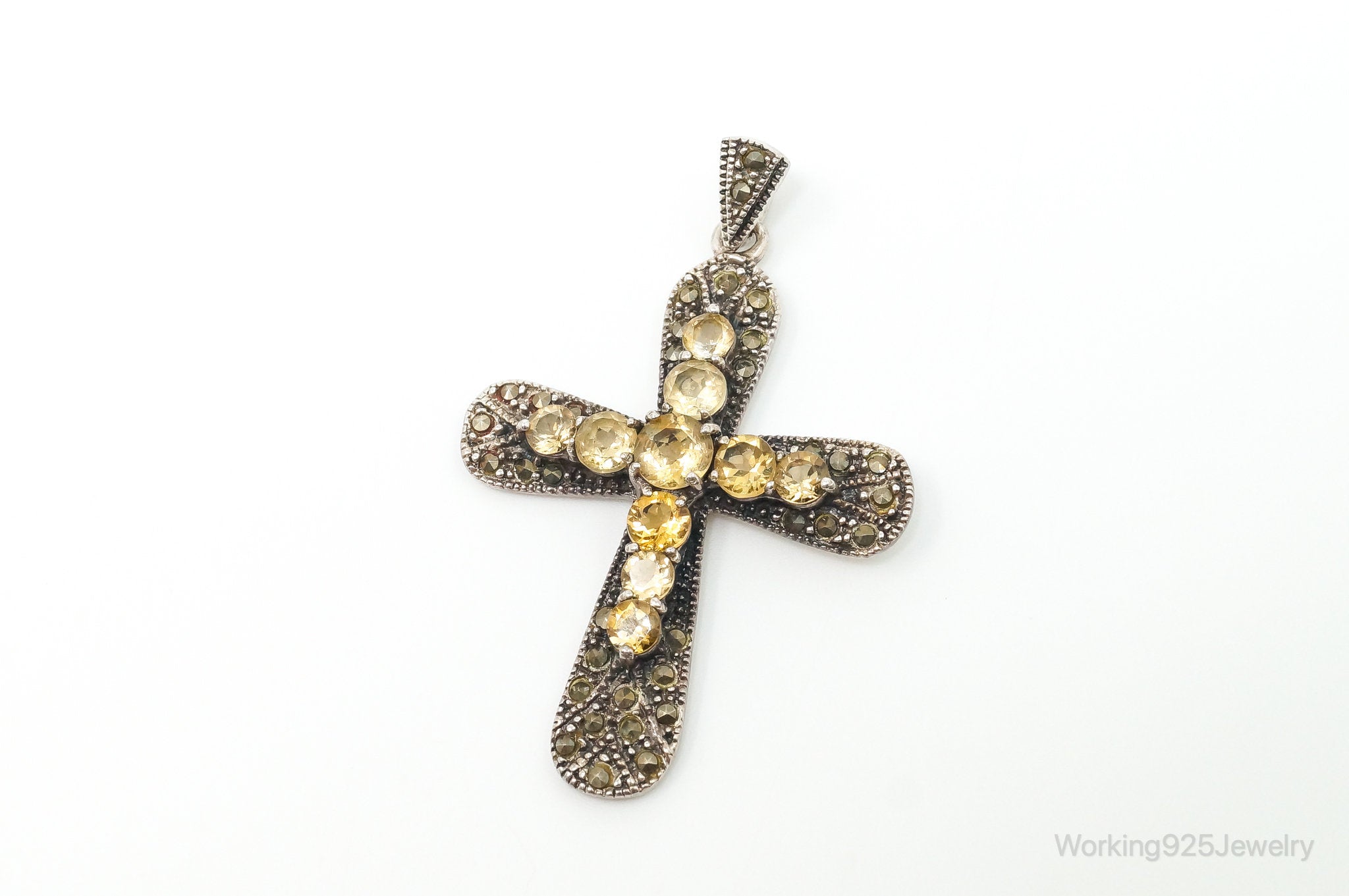Large Vintage Citrine Marcasite Cross Sterling Silver Pendant