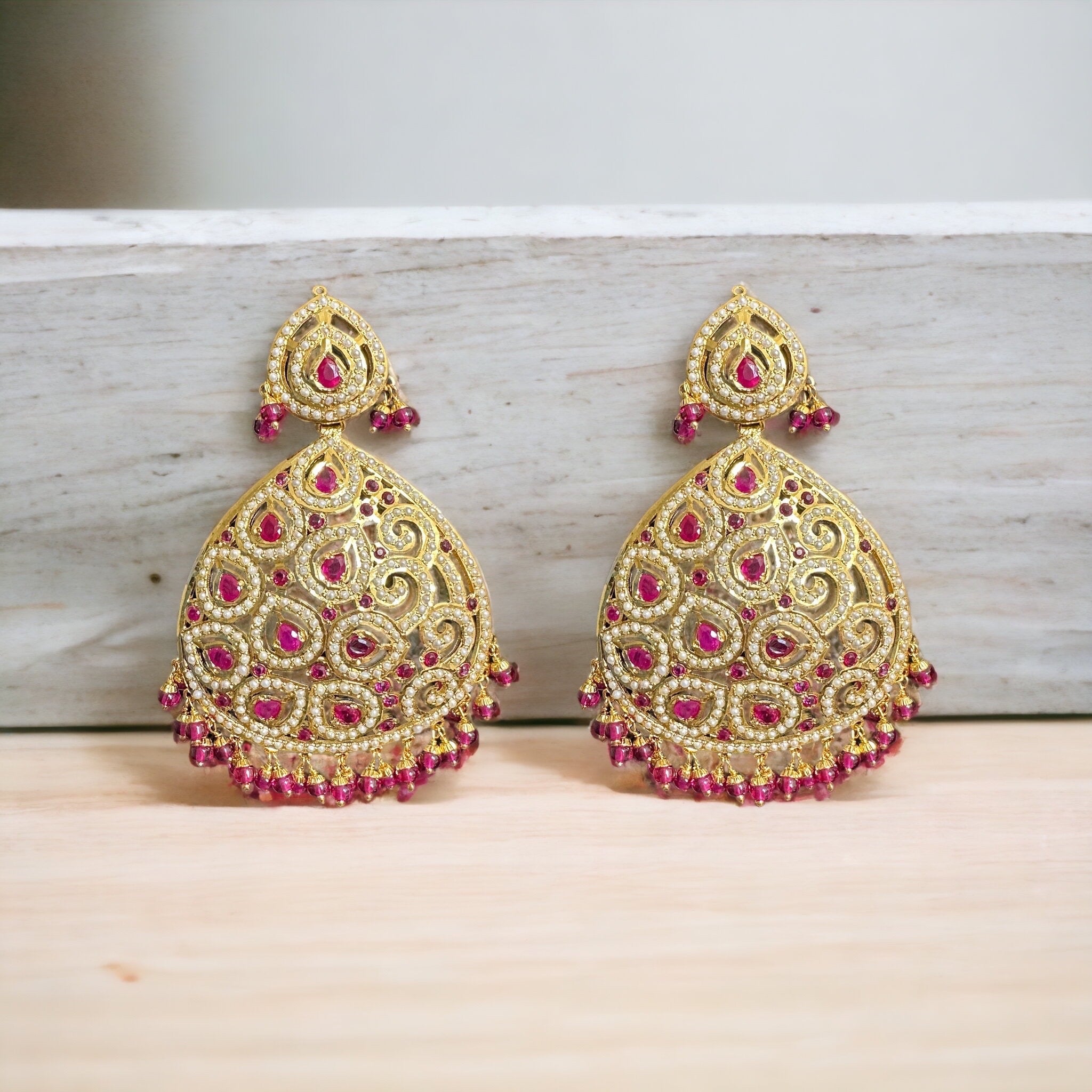 Ruby pearl gold plated silver earrings ( READY TO SHIP )