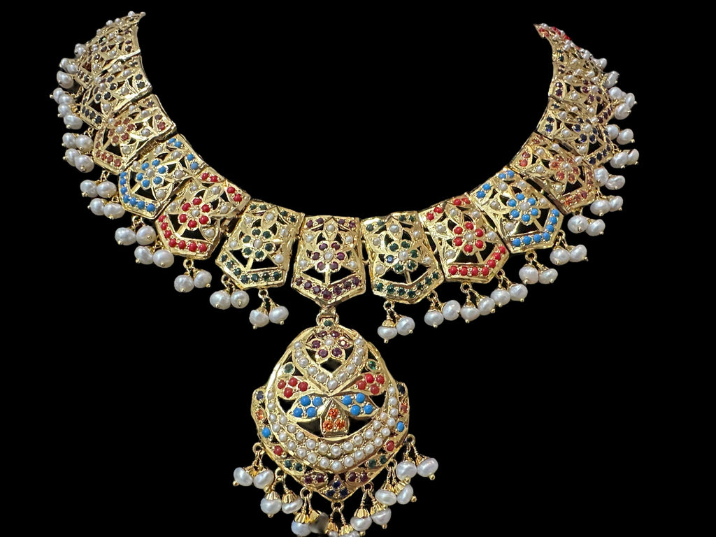 Navratan / Multicolored Jadau Necklace Set in Gold Plated Silver ( SHIPS IN 5 WEEKS  )