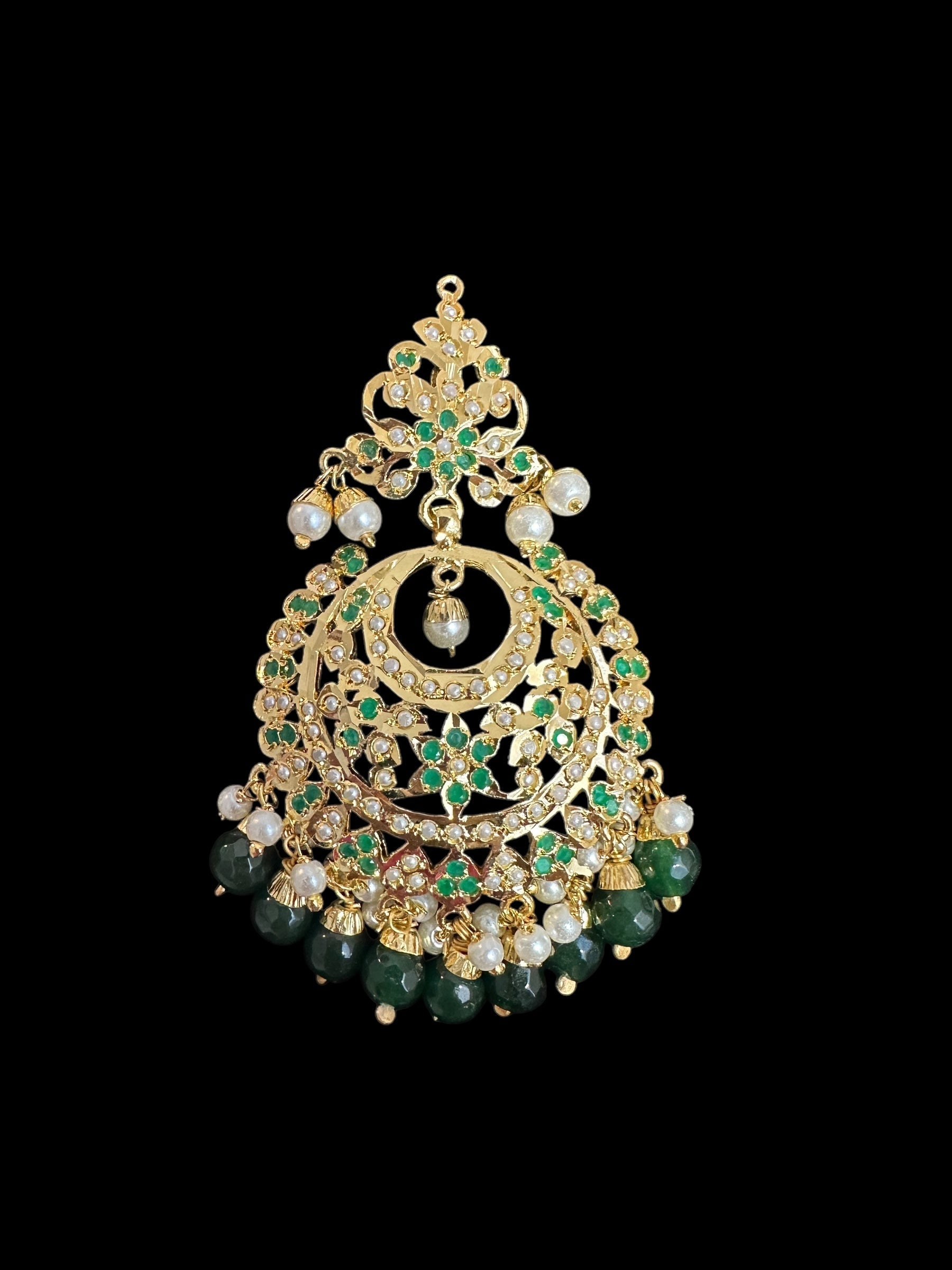 Dafiya Gold Plated emerald Chandbali Earrings & Tika Set | Ready to Ship | Deccan Jewelry