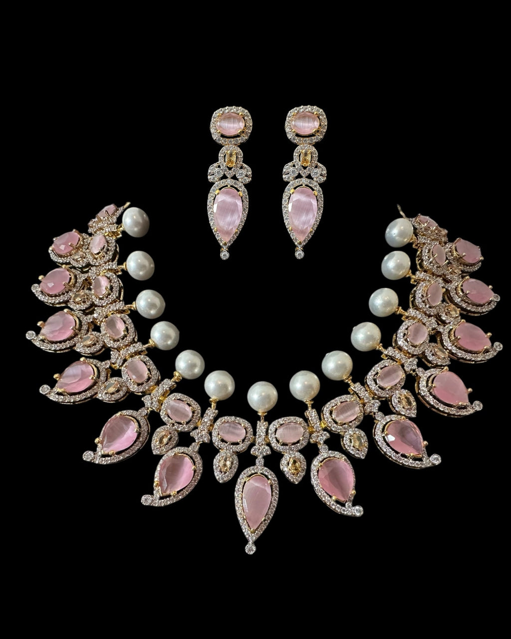 BR462  Anmol necklace set in pink( rose quartz ), Cats eye and pearls ( SHIPS IN 4 WEEKS )