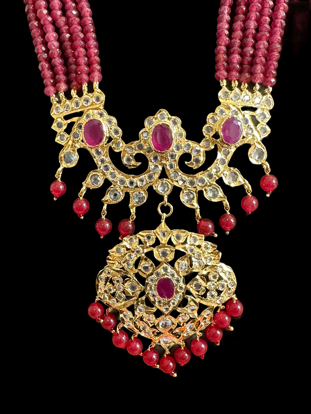 DLN31 gold plated Hyderabadi Rani haar in semi precious rubies ( SHIPS IN 3 WEEKS )