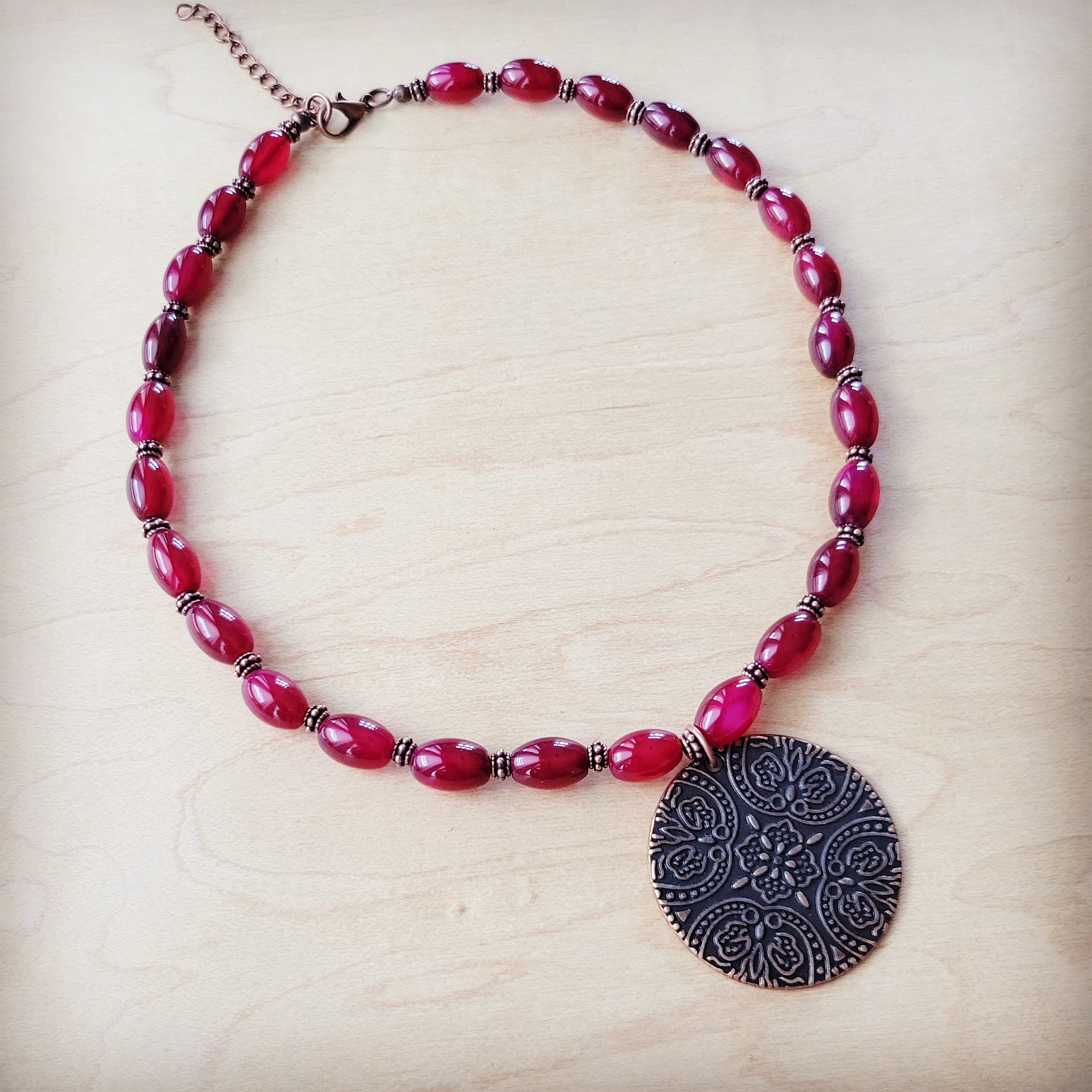 Natural Pink Jade Beaded Collar Necklace w/ Scroll Pendant 261L