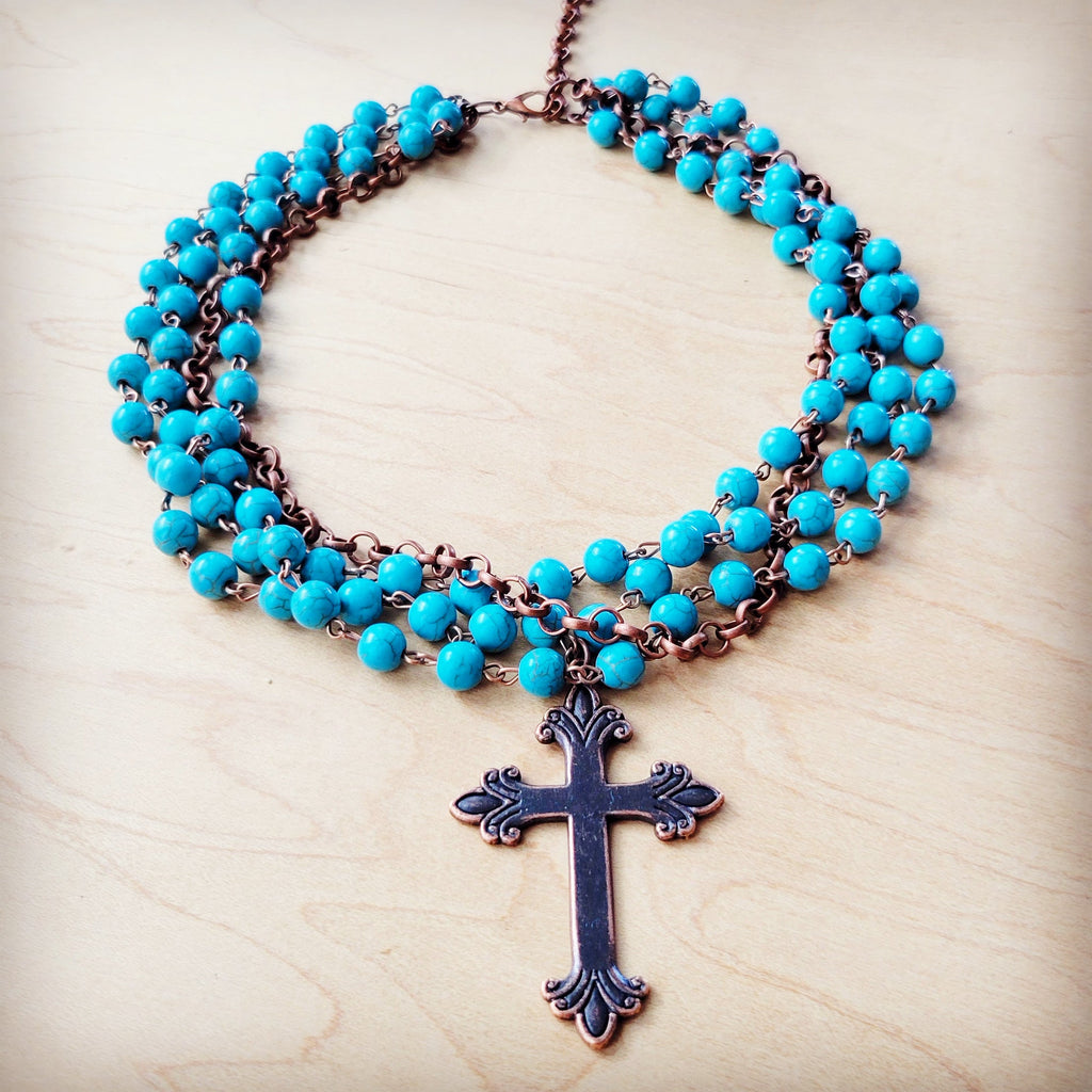 Blue Turquoise Beaded Collar Necklace w/ Cross Pendant 260y