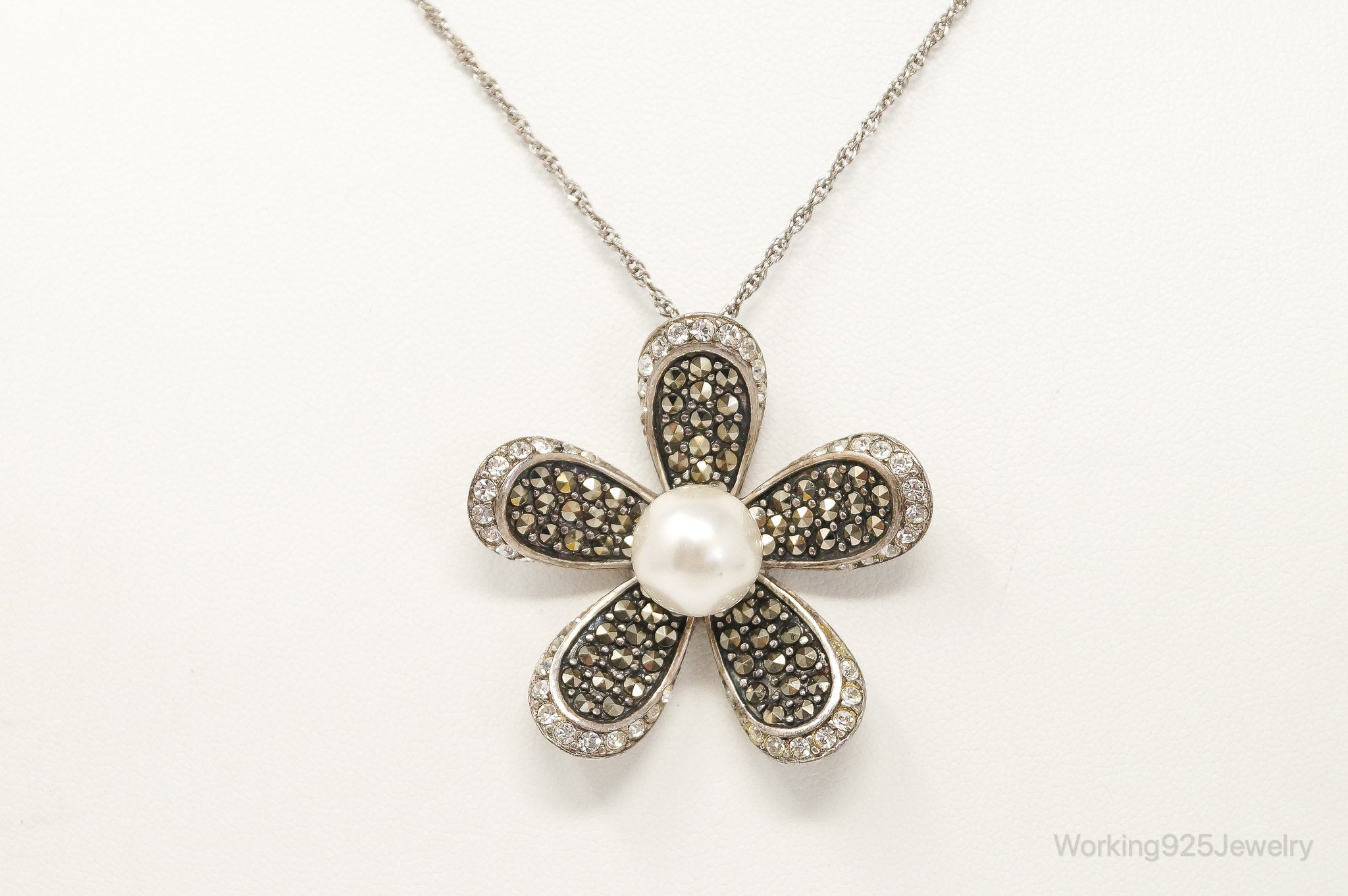 Vintage Designer SLC Pearl CZ Marcasite Sterling Silver Flower Necklace