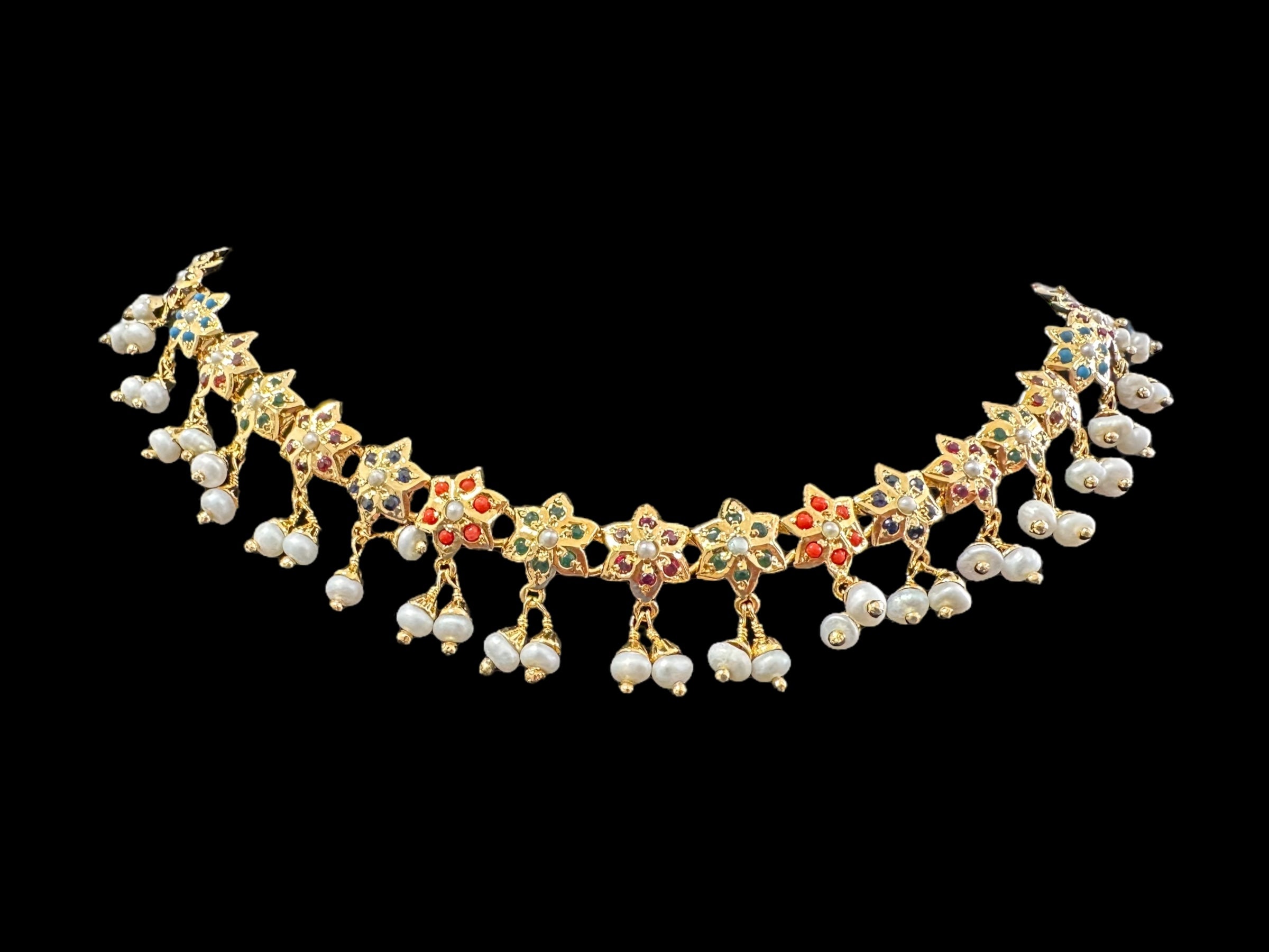 Navratan / Multicolored Jadau Necklace Set in Gold Plated Silver ( READY TO SHIP )