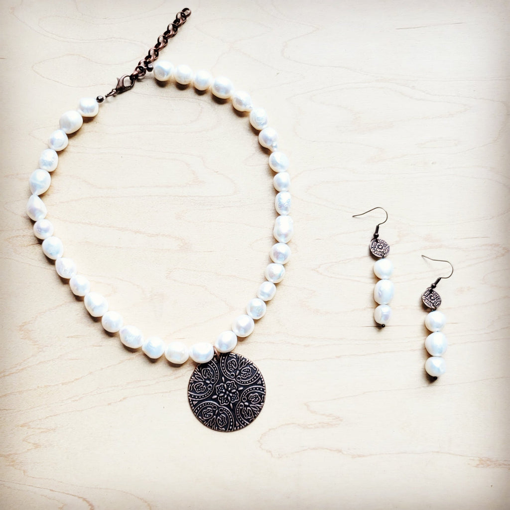 Freshwater Pearl Collar Necklace w/ Copper Scroll Pendant 260a