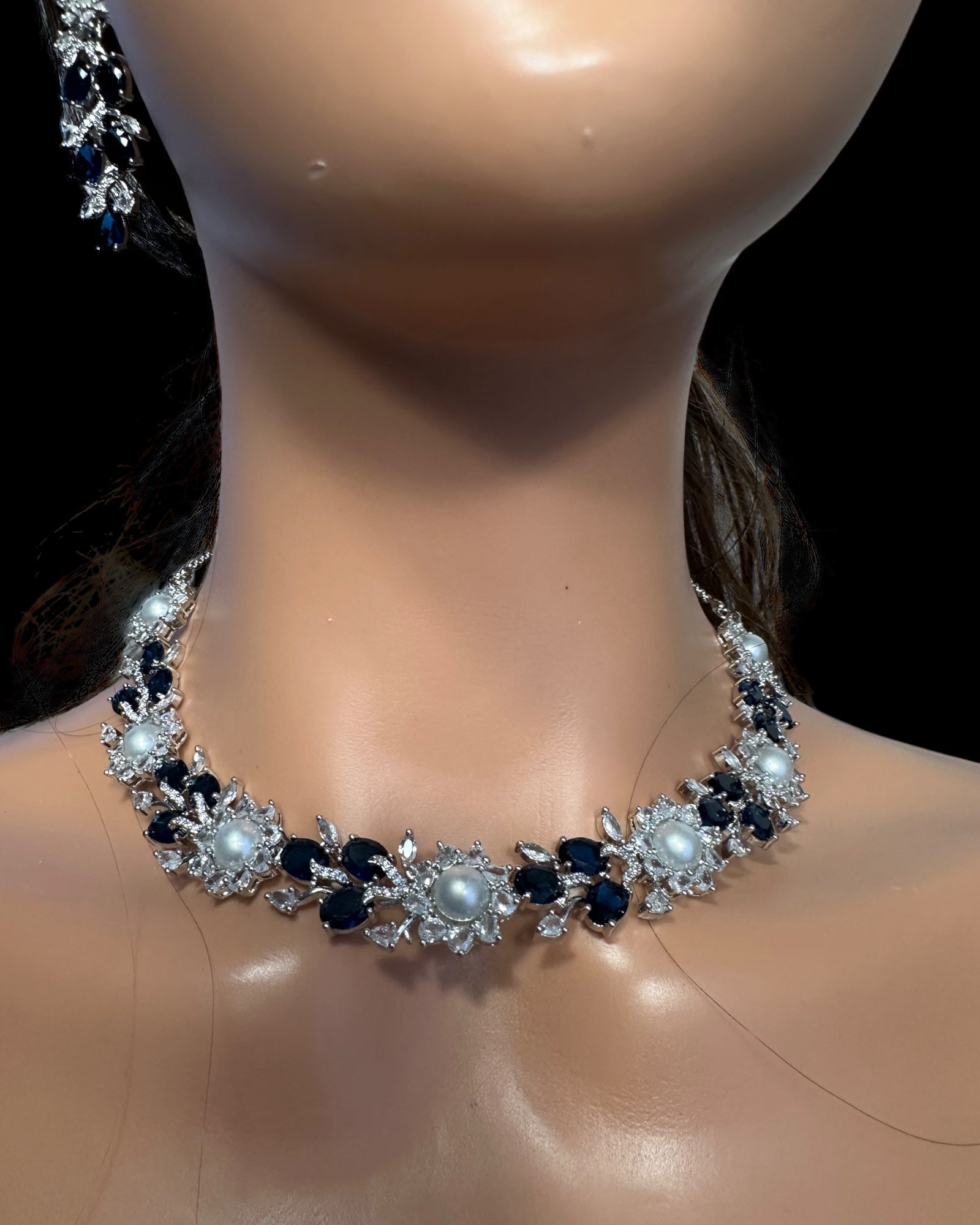 DNS137B silver plated necklace set - BLUE / SAPPHIRE  ( READY TO SHIP )