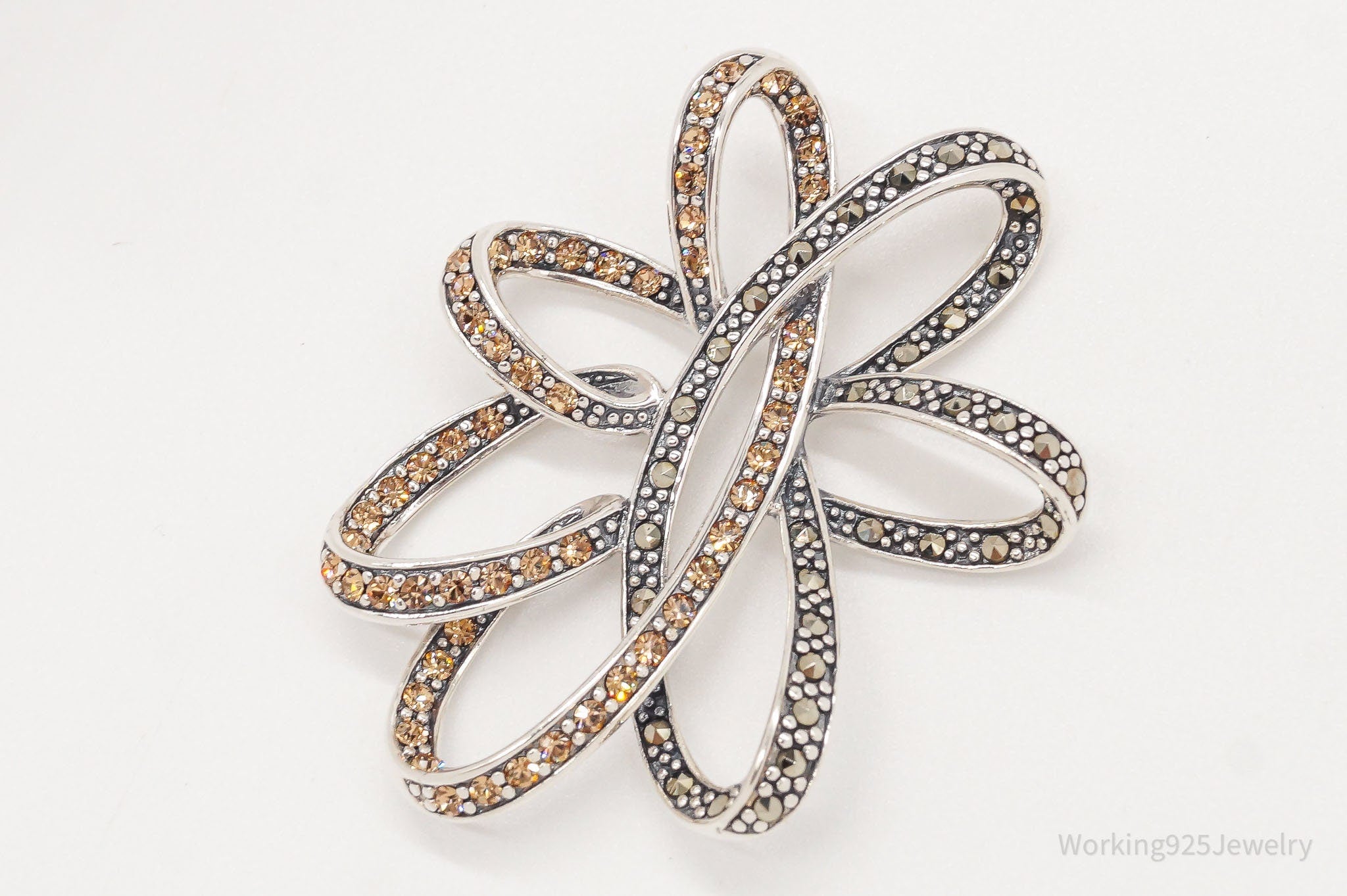 Large Vintage Marcasite Champagne Cubic Zirconia Sterling Silver Pendant