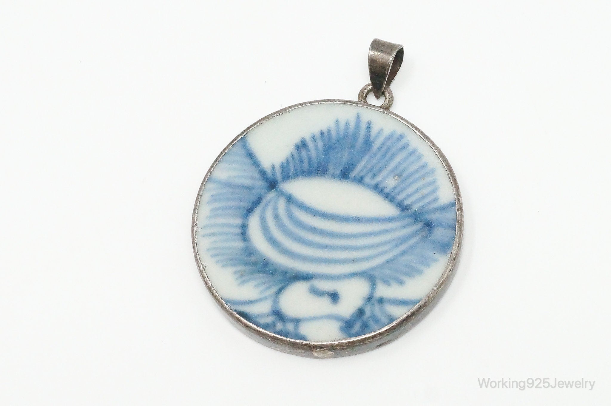 Vintage White Blue Ming Porcelain Sterling Silver Pendant