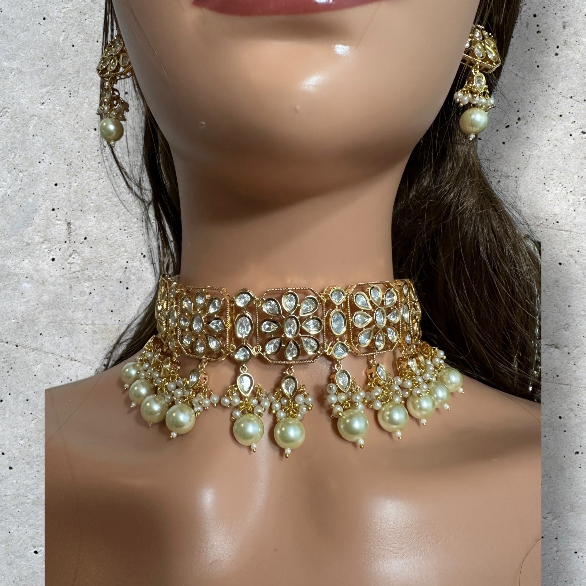C549 vanya polki choker with earrings in golden pearls ( READY TO SHIP )