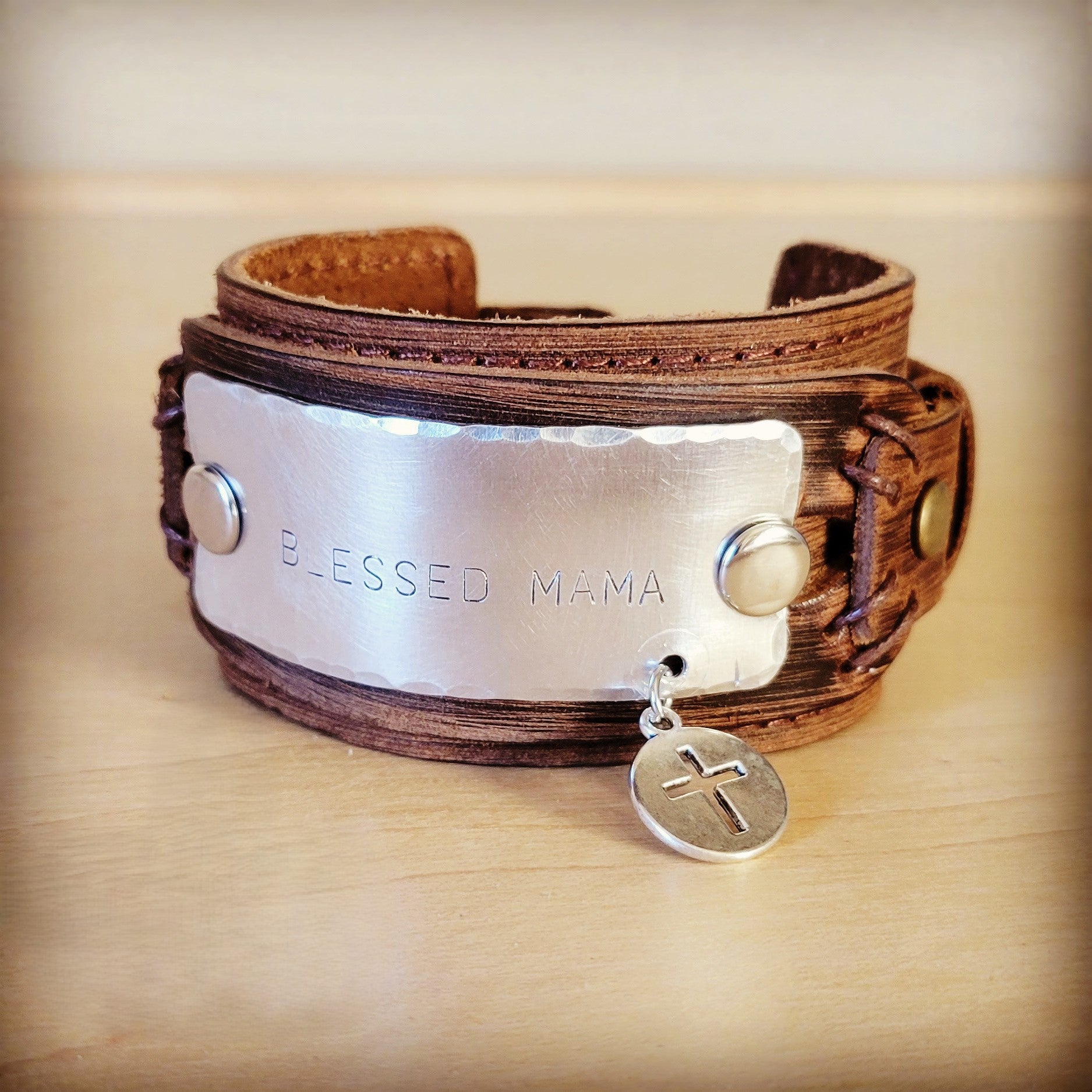 Blessed Mama Hand Stamped Genuine Leather Cuff 013g