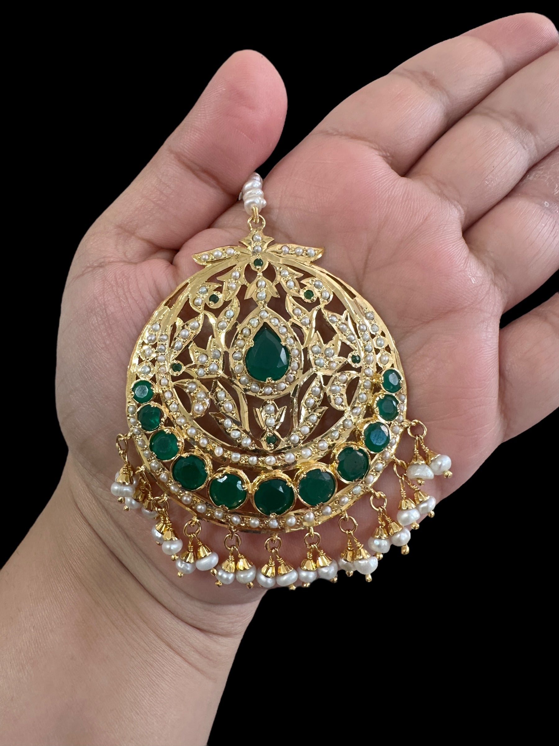 Emerald and pearl tika in silver with fresh water pearls - gold plated , Oversized( SHIPS IN 5 WEEKS )