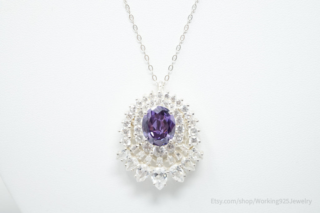Vintage Amethyst CZ Art Deco Sterling Silver Long Chain Necklace