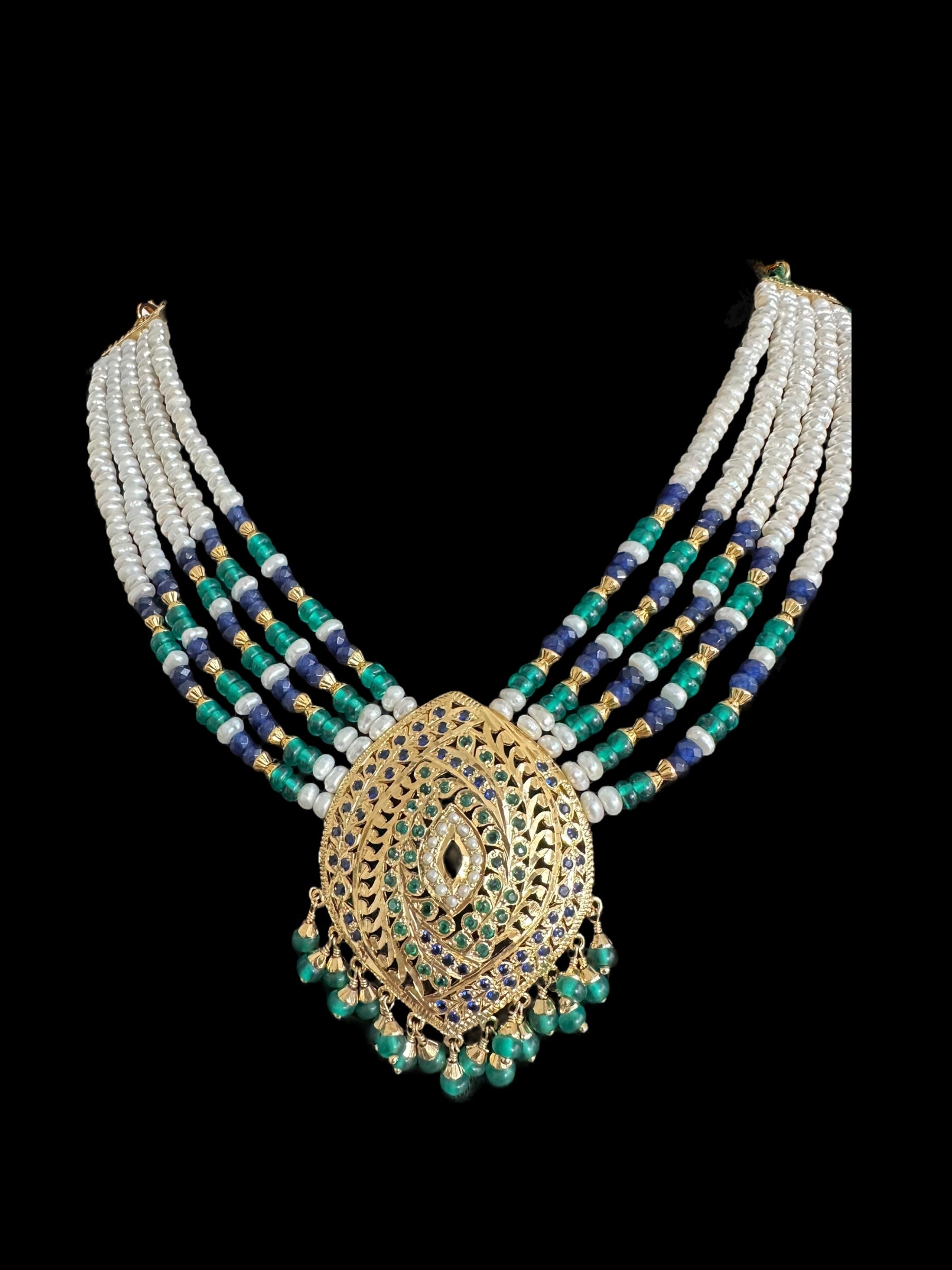 Emerald sapphire pearl jadau silver necklace set with gold plating ( READY TO SHIP )