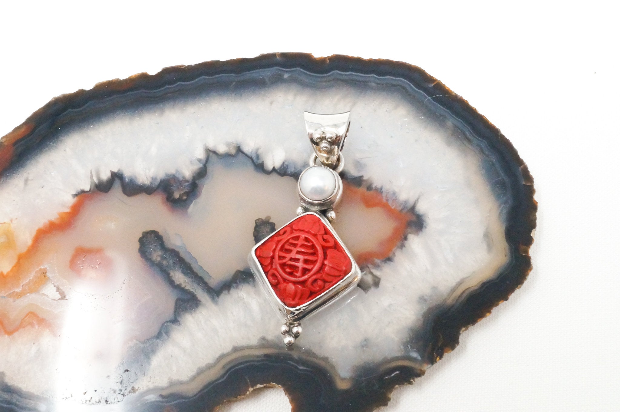 Vintage Chinese Carved Synthetic Coral Pearl Sterling Silver Necklace Pendant