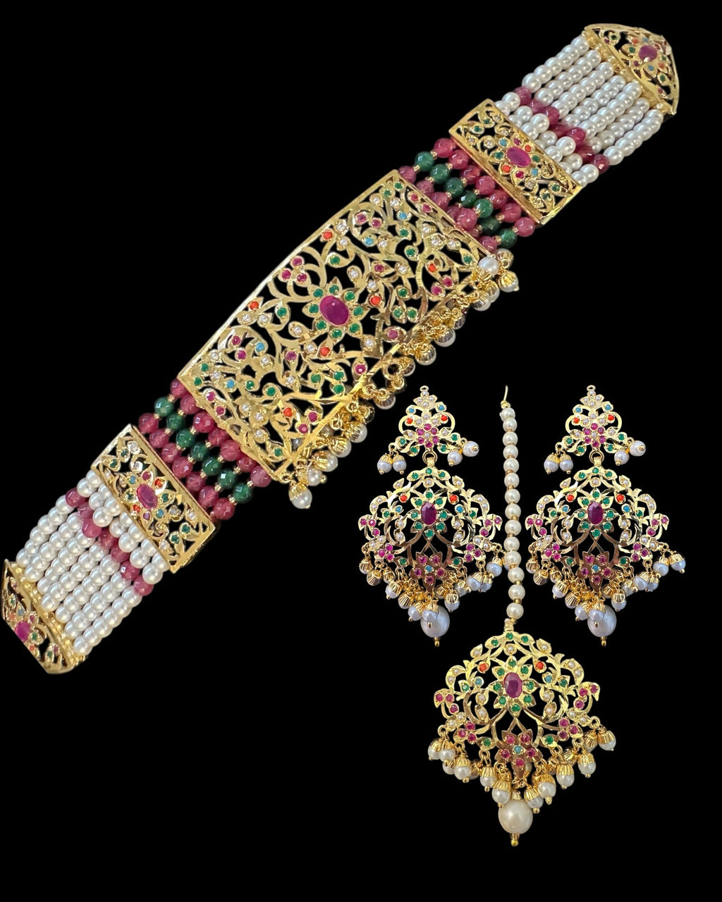 C571  Gold plated jadau choker in navratan ( READY TO SHIP )