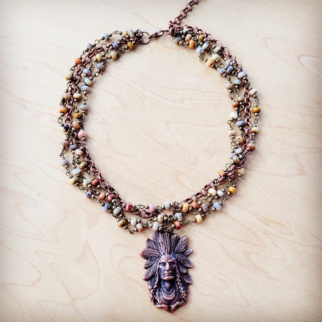 Natural Agate Beaded Collar Necklace w/ Indian Pendant 260v