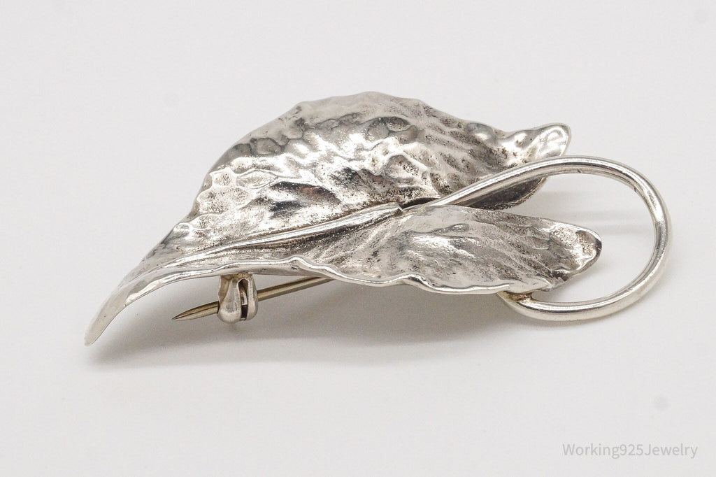 Large Antique Sterling Silver Leaf Pin Brooch