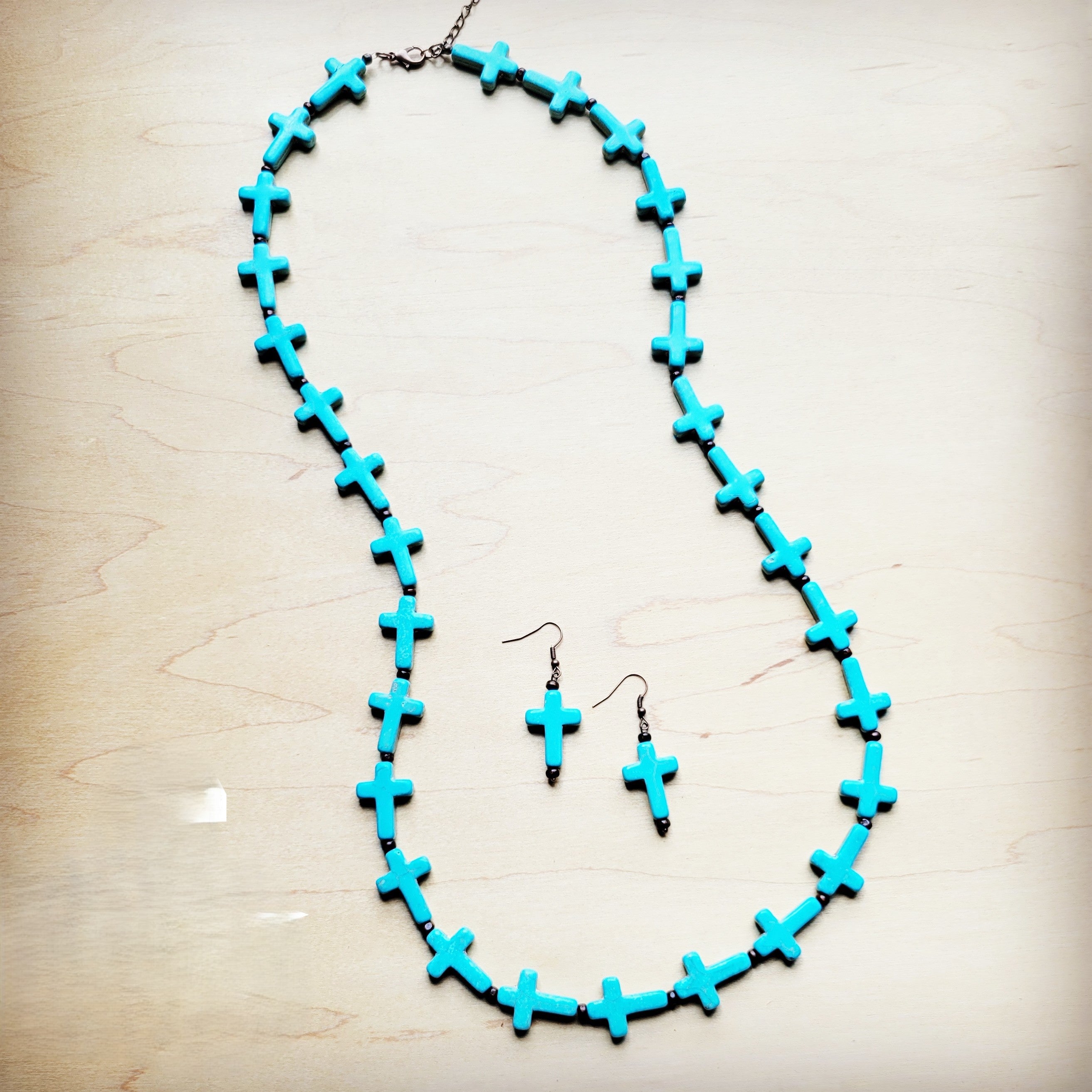 Blue Turquoise & Wood Beaded Cross Necklace 258n