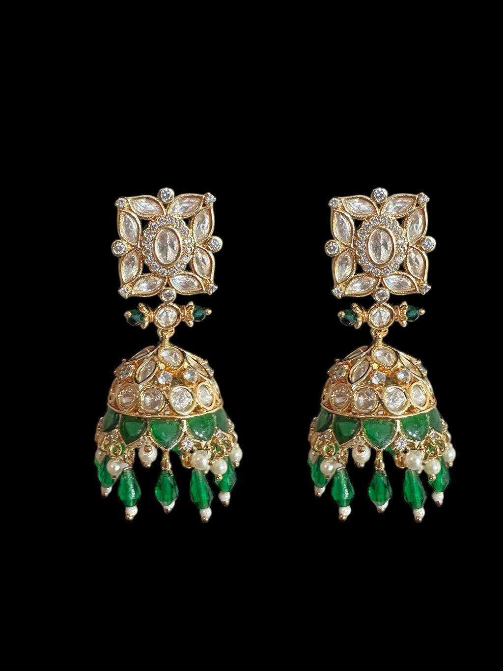 Kaheesha Polki jhumka and tika set in green ( READY TO SHIP )