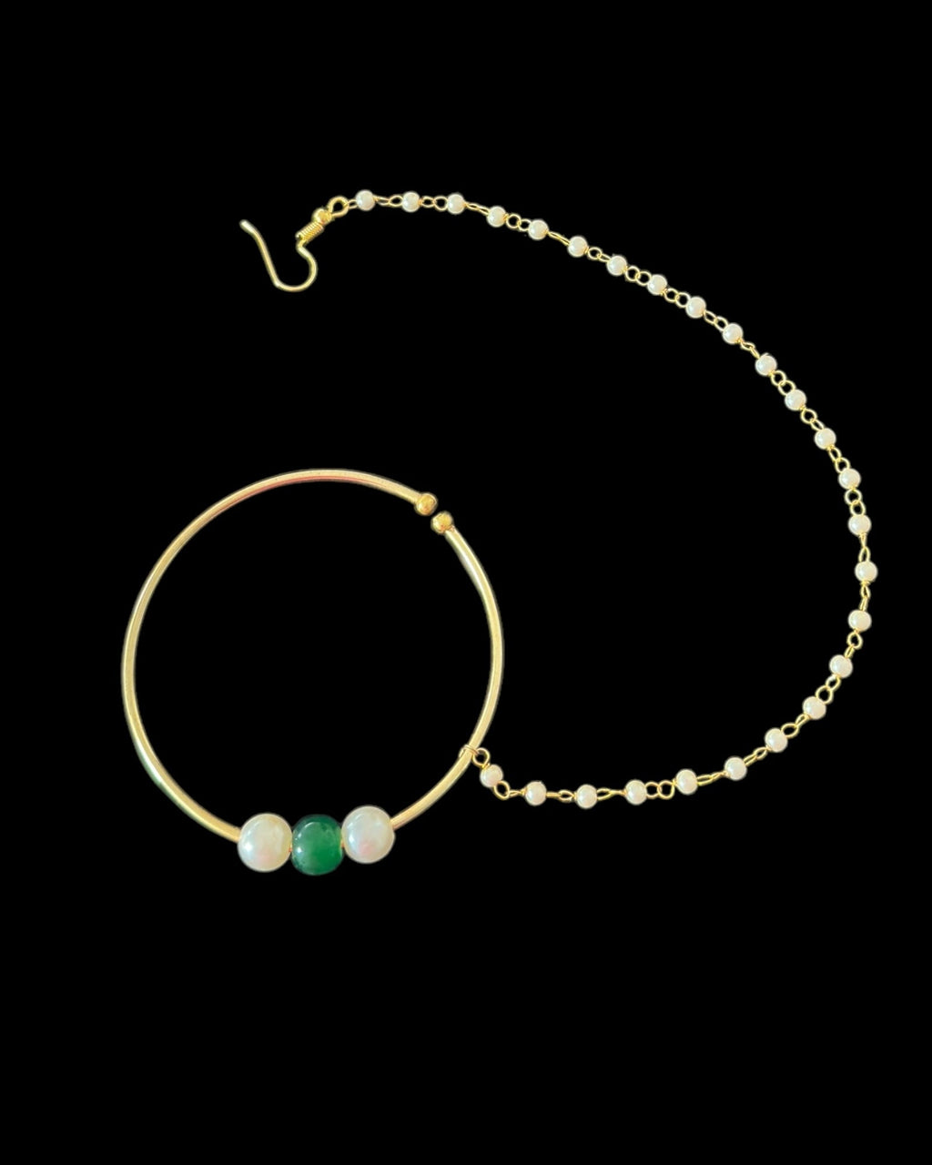 Elegant bridal pearl nose ring with green bead  - nath ( READY TO SHIP )