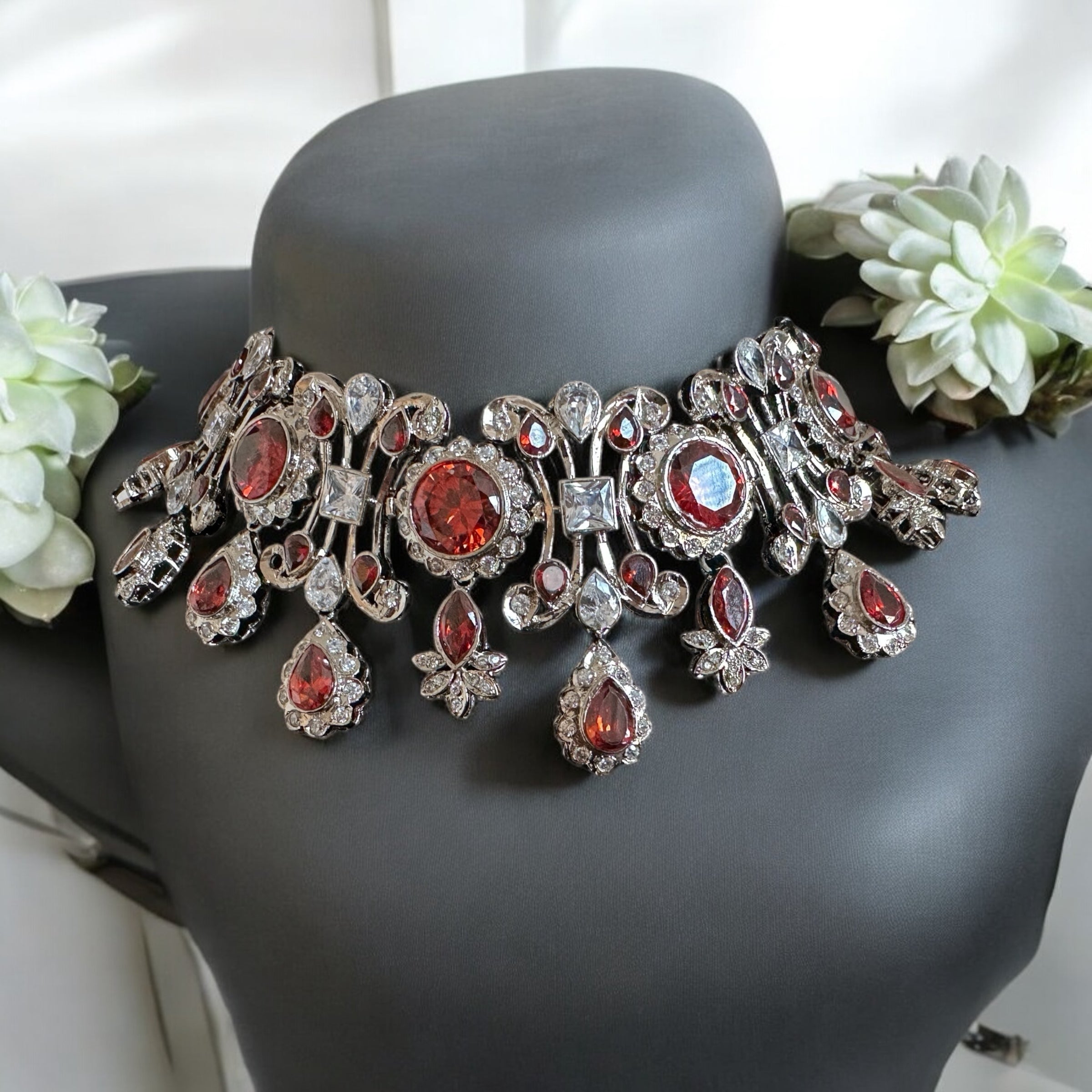 BR485 High quality cz  necklace set with tika - coral / orange , silver plated ( READY TO SHIP )