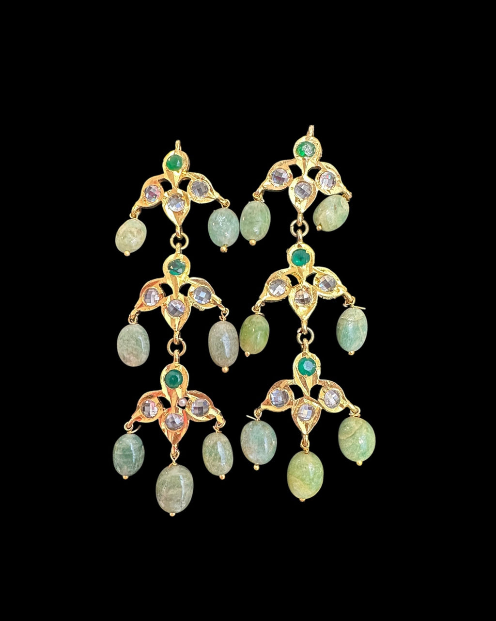 DER768 Savera Hyderabadi three layered earrings in emerald beads (READY TO SHIP )