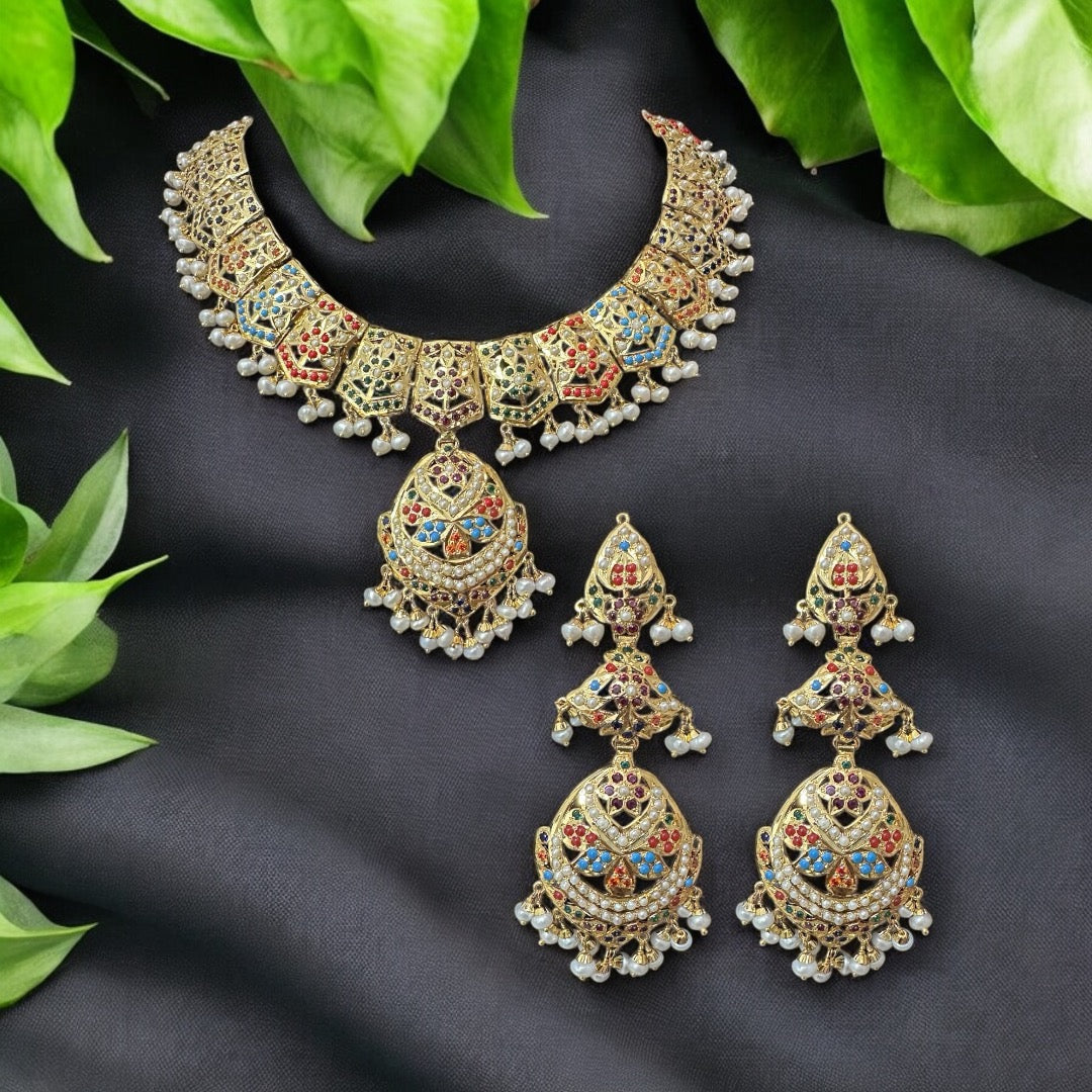 Navratan / Multicolored Jadau Necklace Set in Gold Plated Silver ( SHIPS IN 5 WEEKS  )