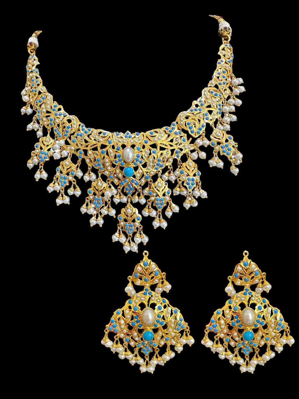 Turquoise pearl/ feroza pearl gold plated silver necklace with earrings ( READY TO SHIP )