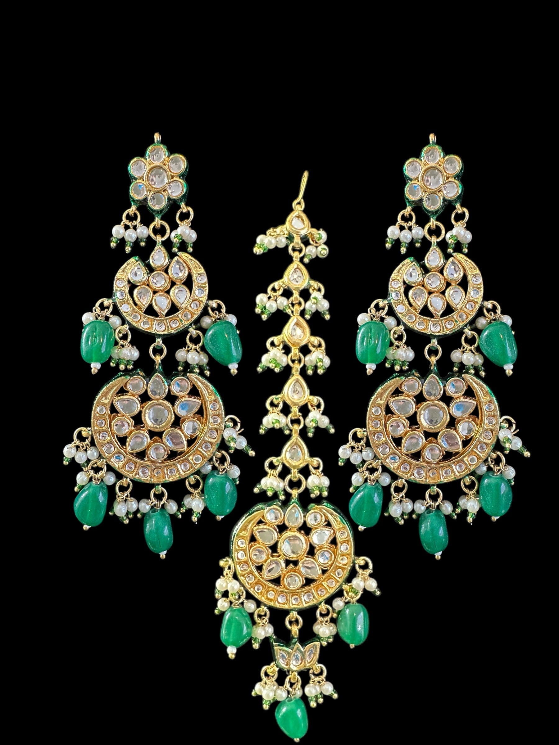 Irina earrings tika set in kundan with green beads ( READY TO SHIP )